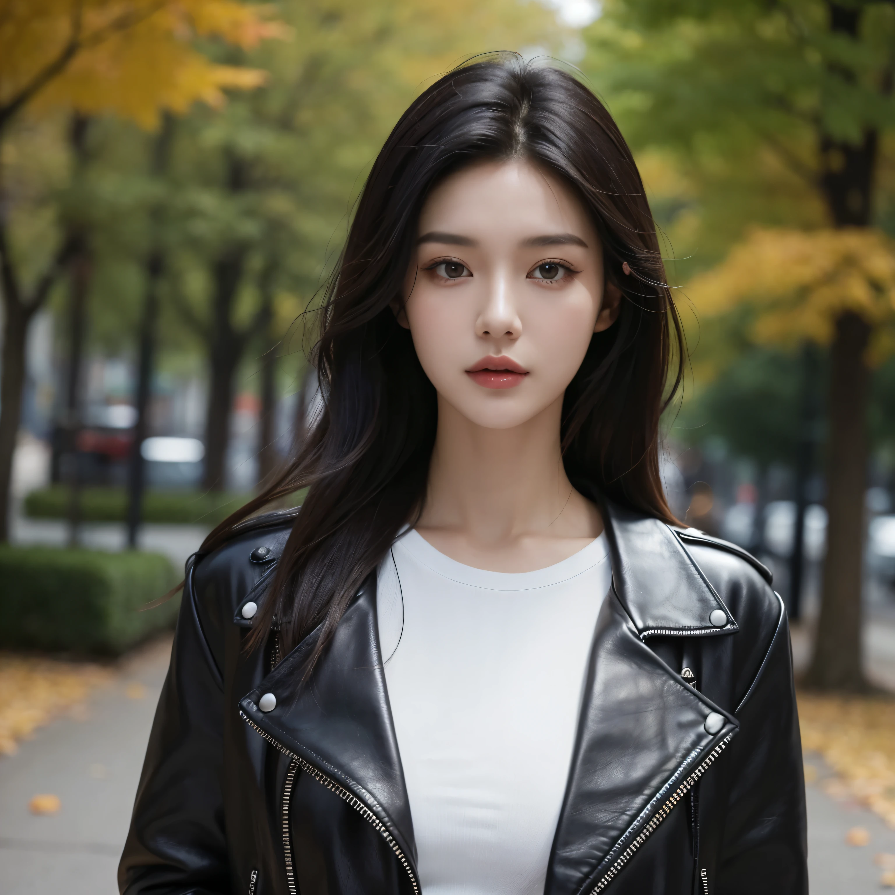 RL 20 years, Slim, medium chest size, Long black hair, Hair loose, Brown eyes, Looking straight ahead, wearing a black leather jacket, Plain T-shirt, black fabric parka, A lot of trees, fall, leaves falling