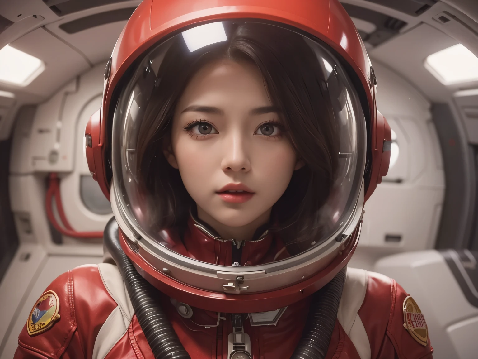 One Beautiful Woman。Beautiful double eyes。Passed nasal muscle。well-shaped lips。Wearing a red spacesuit。She's in a spaceship。Masterpiece。Dark brown hair。