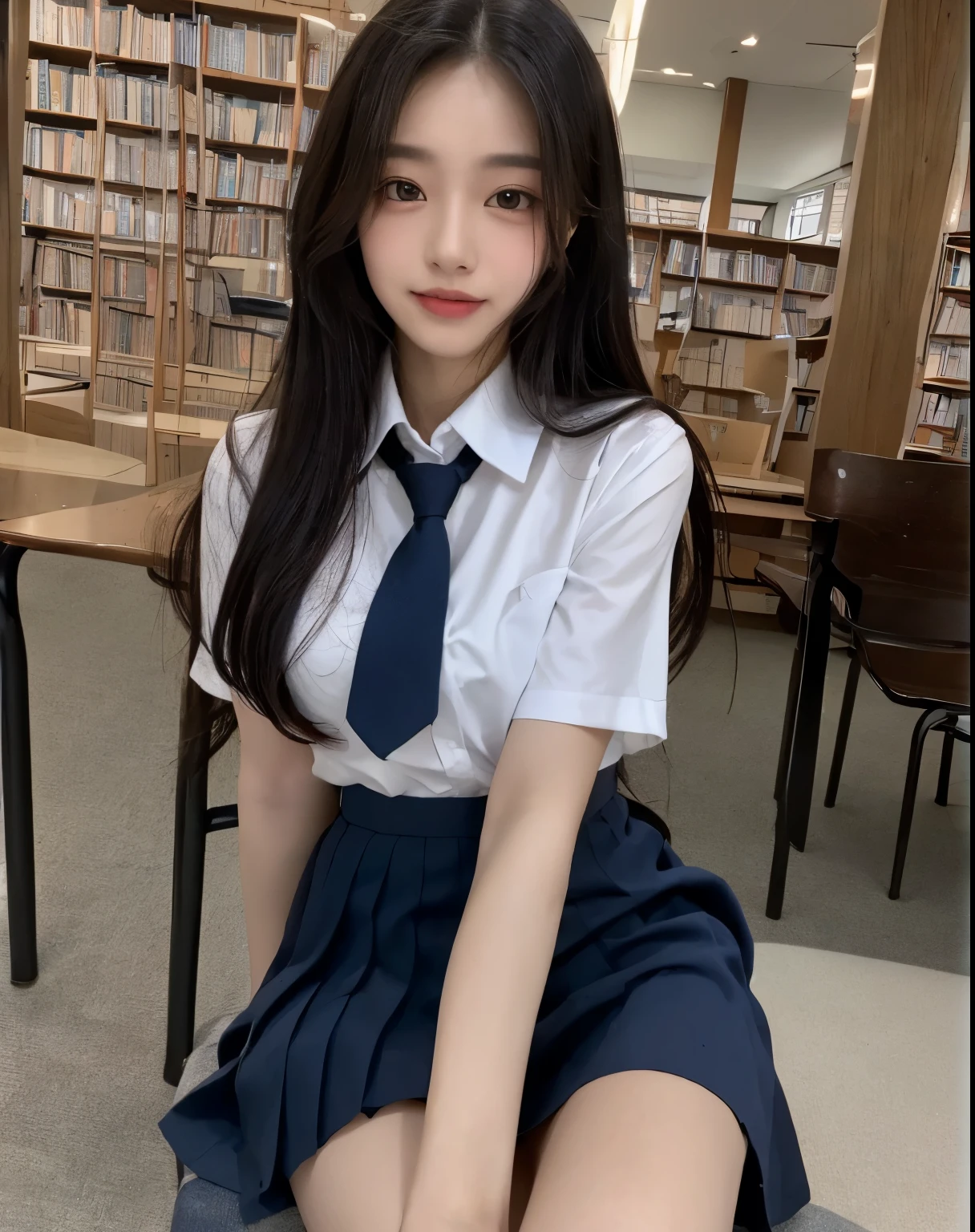 (Masterpiece, best resolution: 1.2), (brown eyes), seduction, smile, long hair, small breast, high-definition facial features, 8K, double eyelids, delicate facial feature, natural body, ((((wearing school uniform and skirt))), (((library))), (sitting on chair), (full body), ((sharp defined jawline))