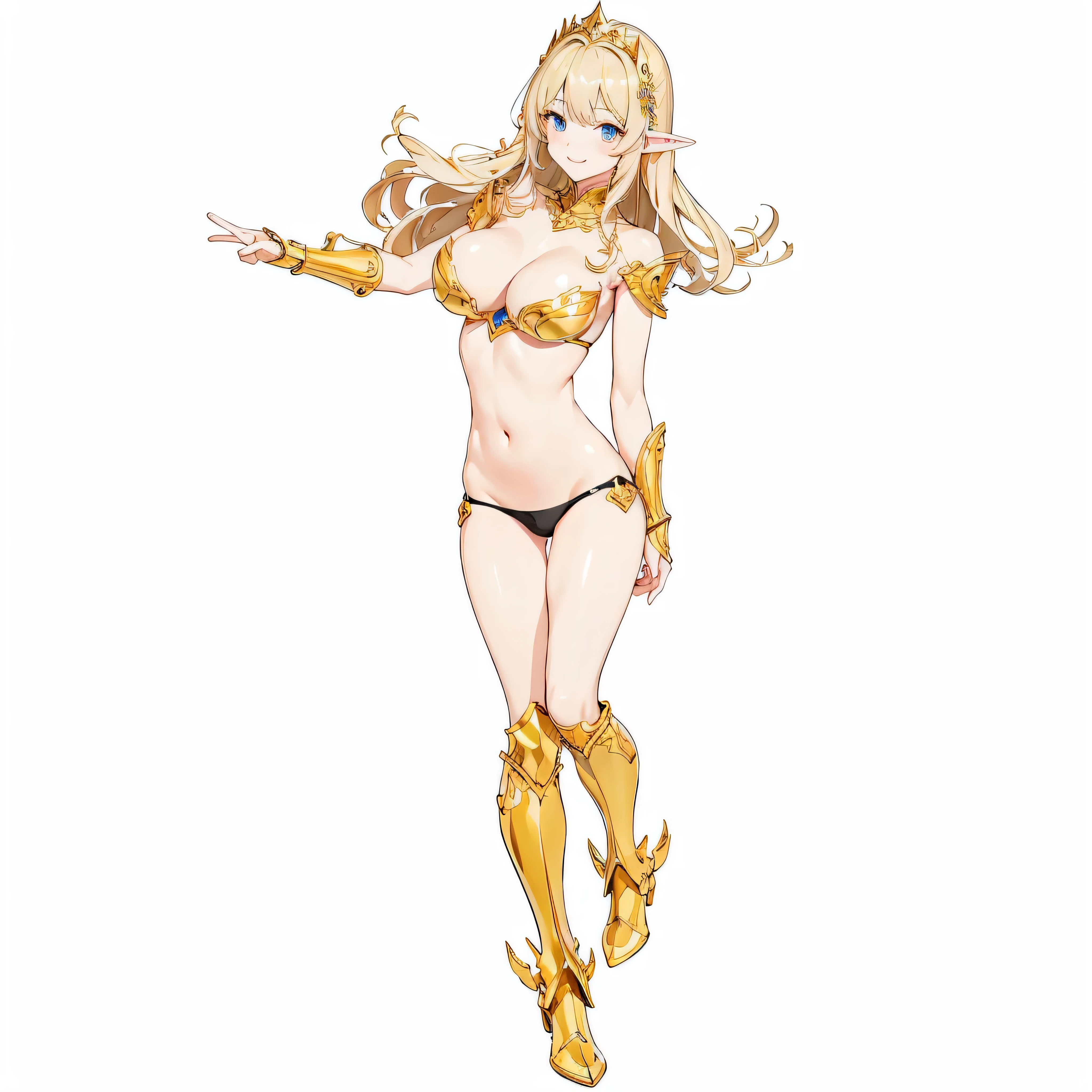 ​masterpiece、top-quality、ighly detailed、hight resolution、１６ｋ、fullnude、teats、Teetoob proportions、golden armour、Very thin skirt、Black pants、Very white skin、Beautiful fingers、Anime girl with very big breasts posing naked、Perfect Style、elvish、no-bra、Blonde blue-eyed、A smile、elvishの女の子、slim the contours