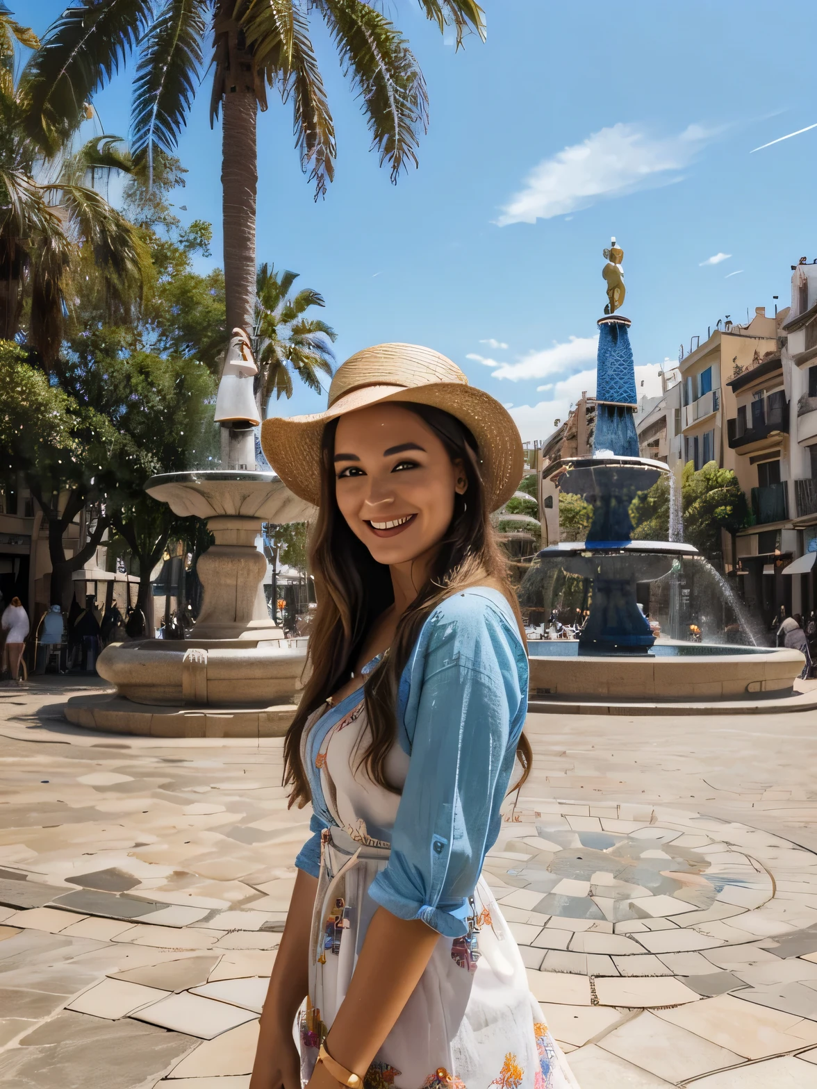 (best quality,highres,ultra-detailed:1.2), HDR, vivid colors, beautiful girl, Barcelona square, lively atmosphere, charming architecture, colorful flowers, happy people, stunning view, cozy cafe, outdoor dining, sunny weather, elegant dress, stylish hat, joyful expression, long flowing hair, vibrant street performers, bustling crowd, street musicians, mouthwatering food stands, historical landmarks, mosaic pavement, decorative fountains, palm trees, blue sky, warm sunshine, laughter and laughter, carefree moments