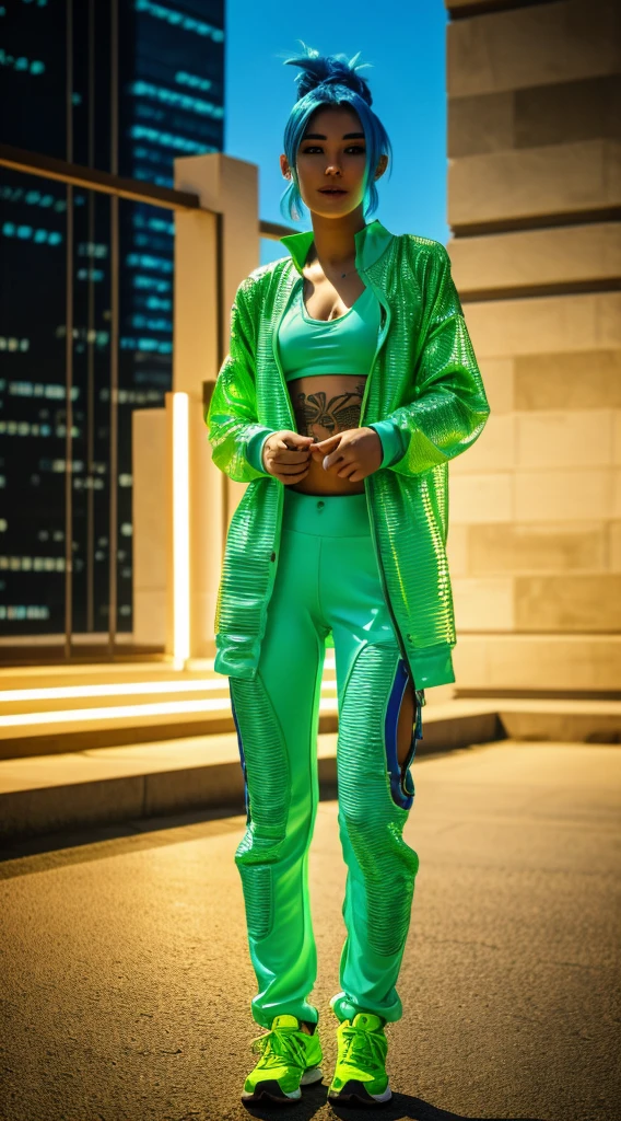 a woman with blue hair and green clothes, bold rave outfit, green neon, cyberpunk style outfit, tattoos, entire body visible, full body, hyperrealistic, real human skin, best quality, 8K, masterpiece, extremely intricate, detailed eyes, detailed face, detailed body, exaggerated features, pronounced features, fujifilm