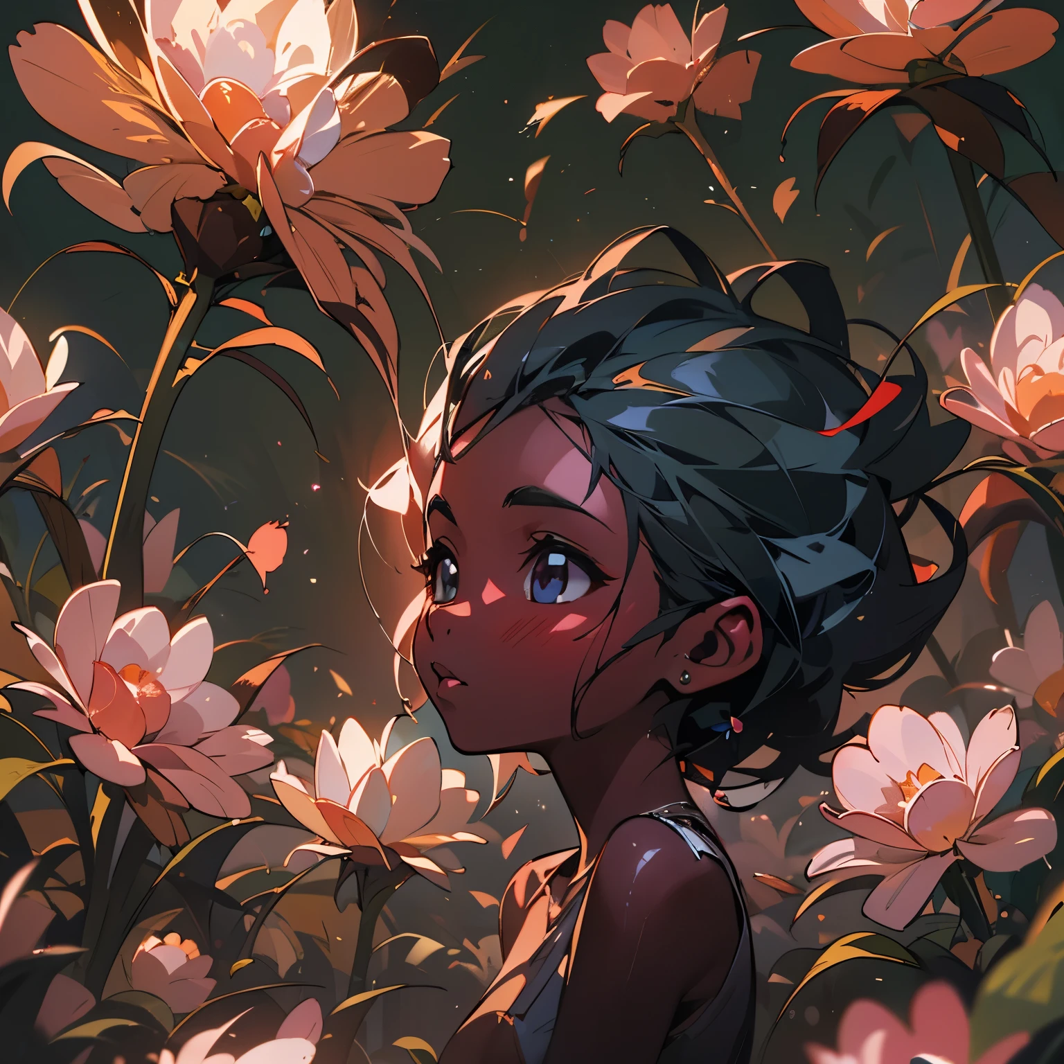 Little cute flower elemental, (dark skin), solo, concept art, fantasy art, matte in the style of alena aenami,by yanjun cheng, sunny, hyperrealism, cinema 4d, beautiful, mysterious, ethereal, high resolution, kawaii style