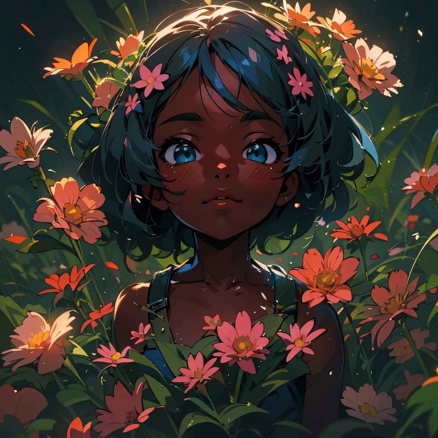 Little cute flower elemental, (dark skin), solo, concept art, fantasy art, matte in the style of alena aenami,by yanjun cheng, sunny, hyperrealism, cinema 4d, beautiful, mysterious, ethereal, high resolution, kawaii style