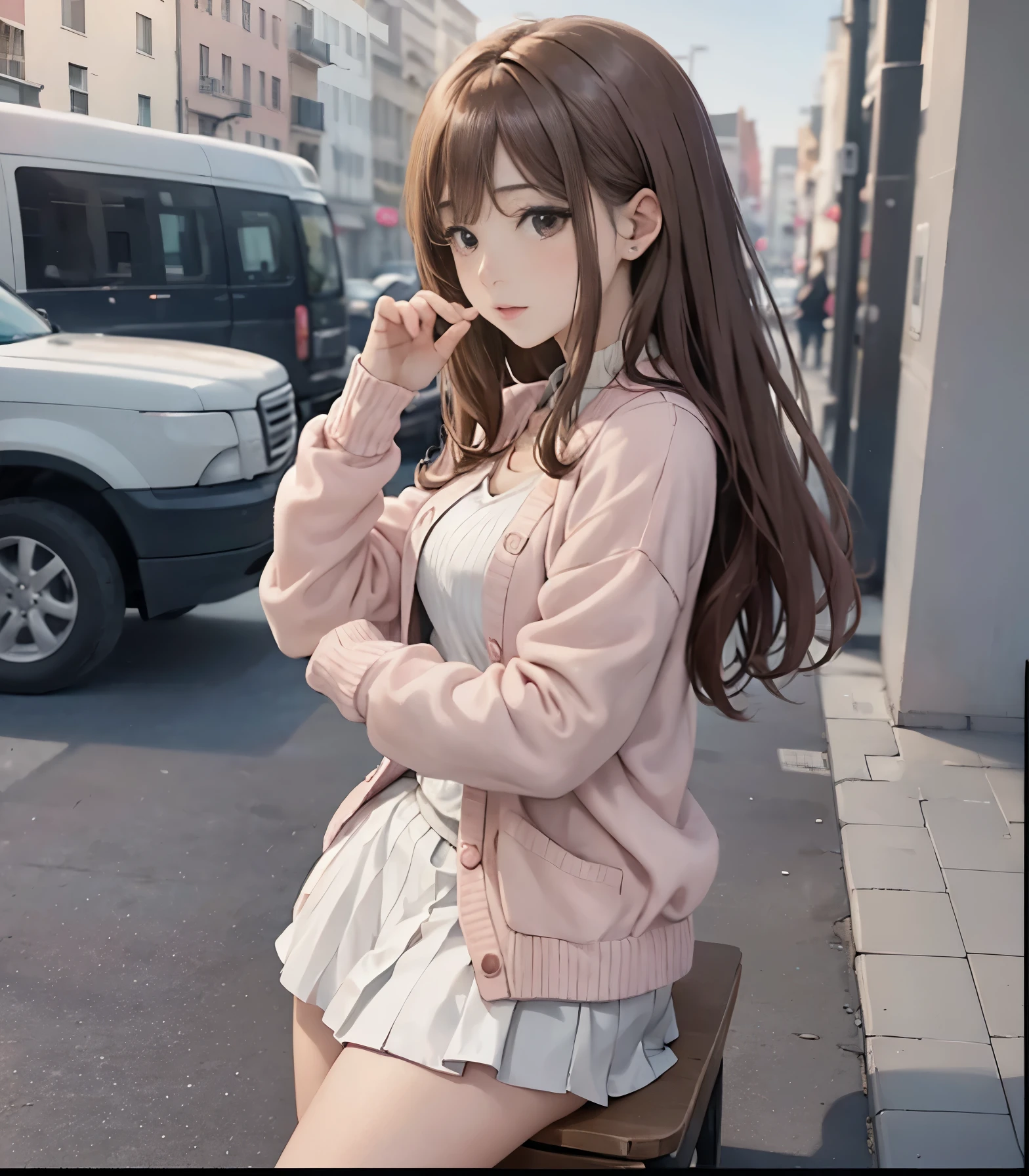 masuter piece, Best Quality, Beautiful 8K wallpapers, (lovely), (profile、sideways Facing),(((1girl in))),23years old,(In the street)、((Pink cardigan、white skirt))（Brown middle hair）、Raking up your hair