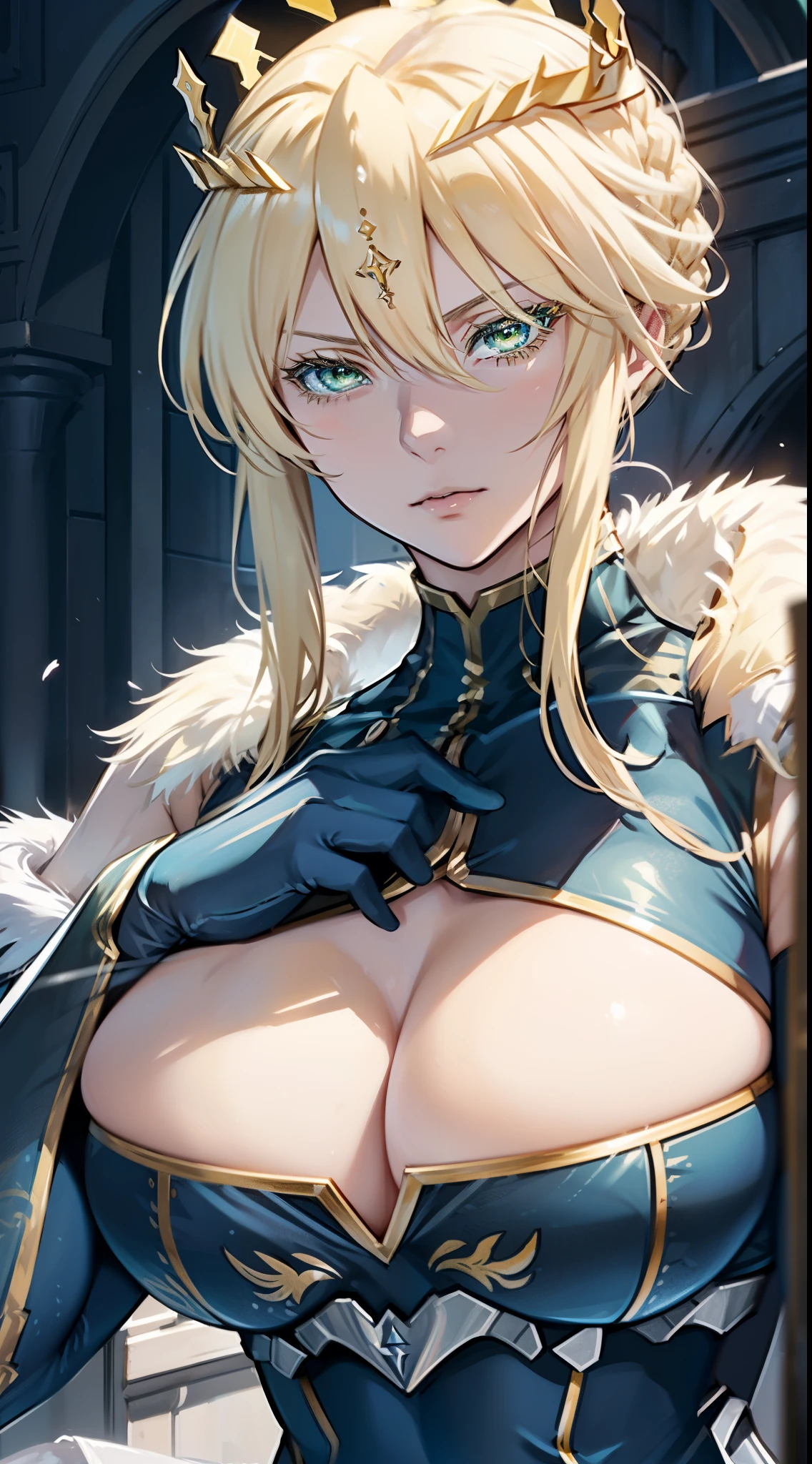 Lancer Artoria, elegant  female, blonde, yellow eyelashes, green eyes, crown, turtleneck, cleavage cutout, sleeveless, blue leotard, elbow gloves, gauntlets, close-up face, high resolution, extremely detail 8k cg.