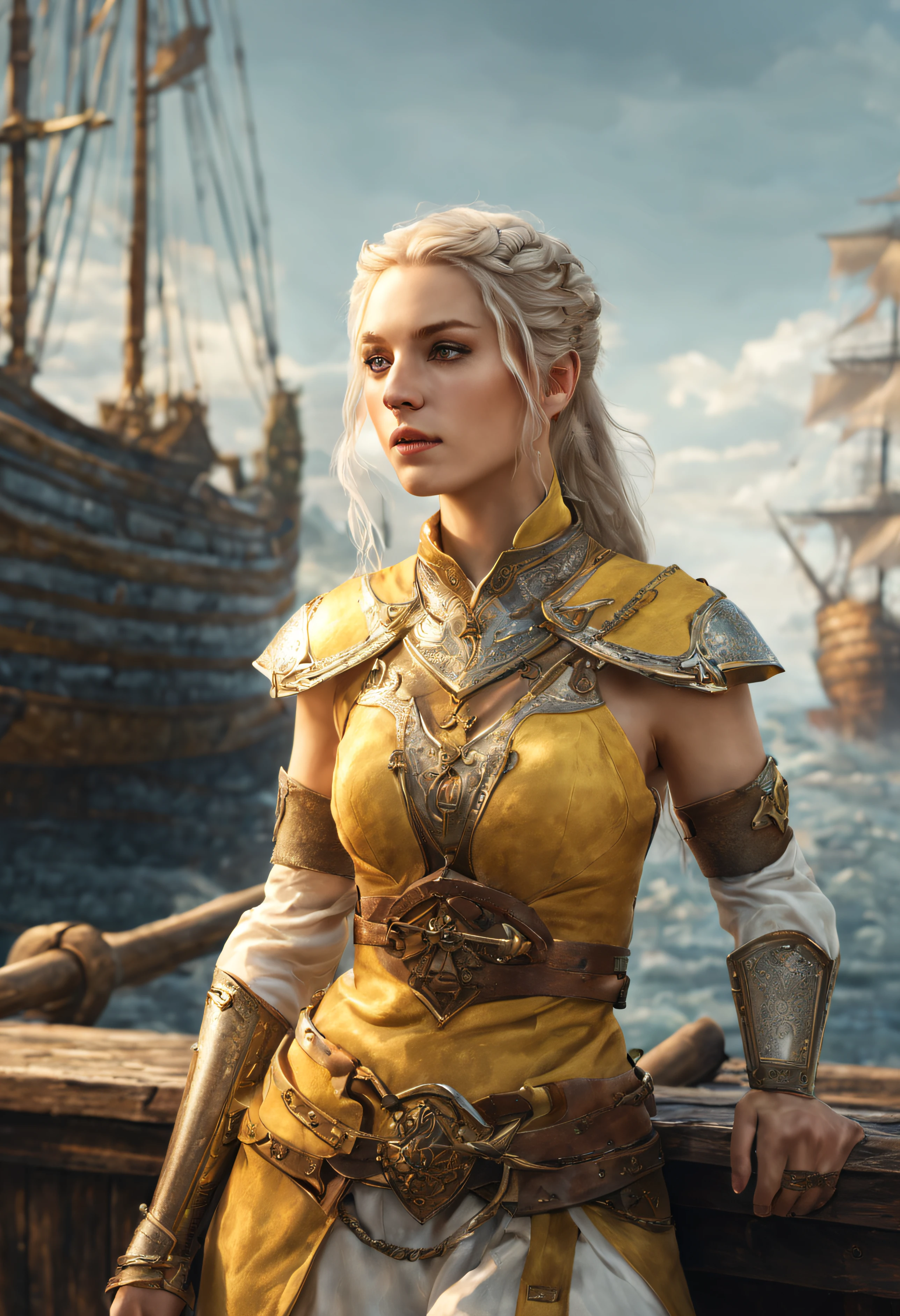 masterpiece, best quality, high resolution, absurd, 8k, 4k, official art,, , (flat_color:0.9),, 1girl, Large_breasts,I,Medieval, elven female warrior wearing yellow and white armor, looking at the warships in the harbor at the great elven capital port, ultra detail, sharp facial features