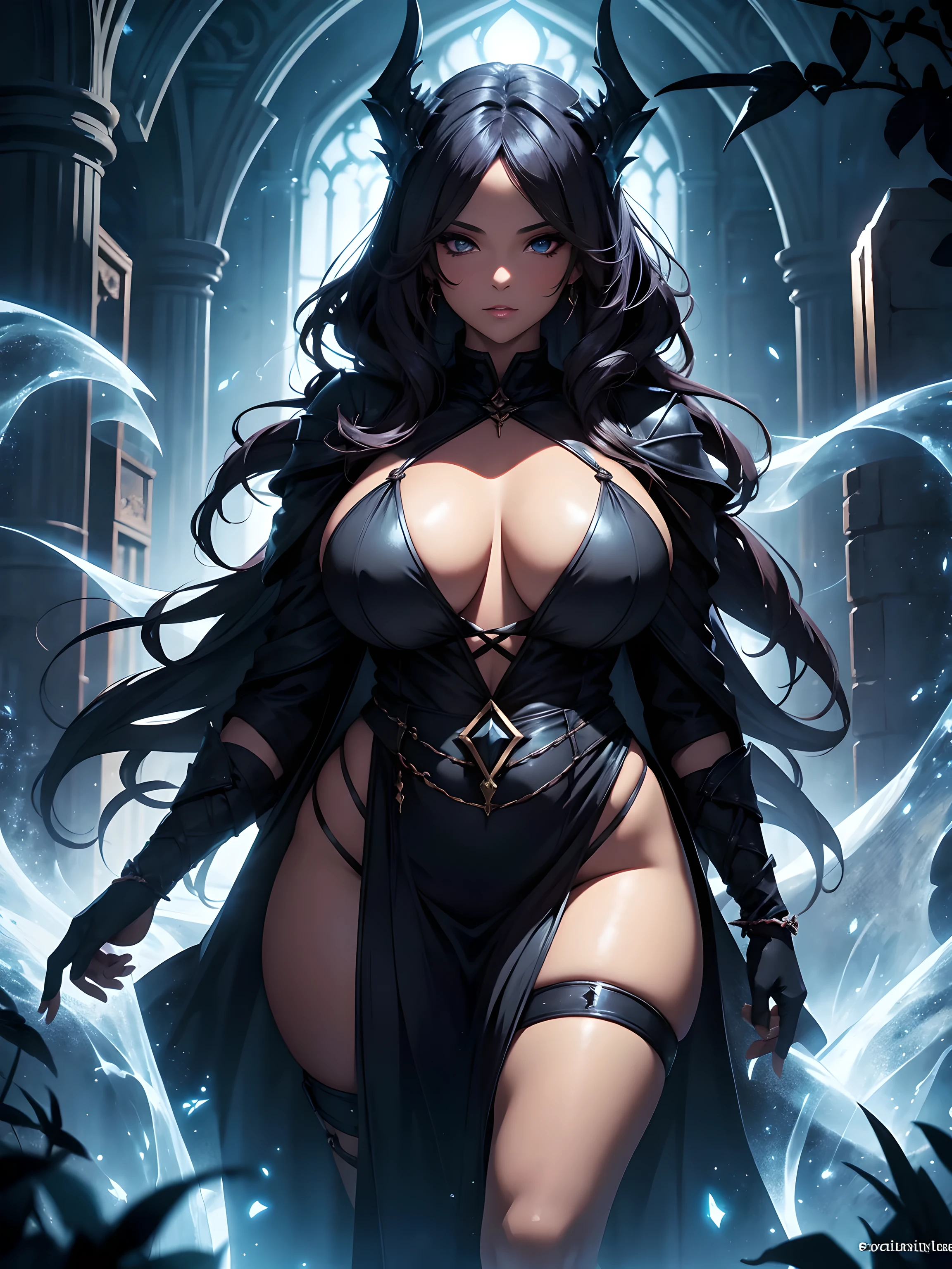 Fantasy, night, dark, A voluptuous wizard with a curvy body, magic, mystical, cinematic lighting, light shines from behind her, illuminating her silhouette