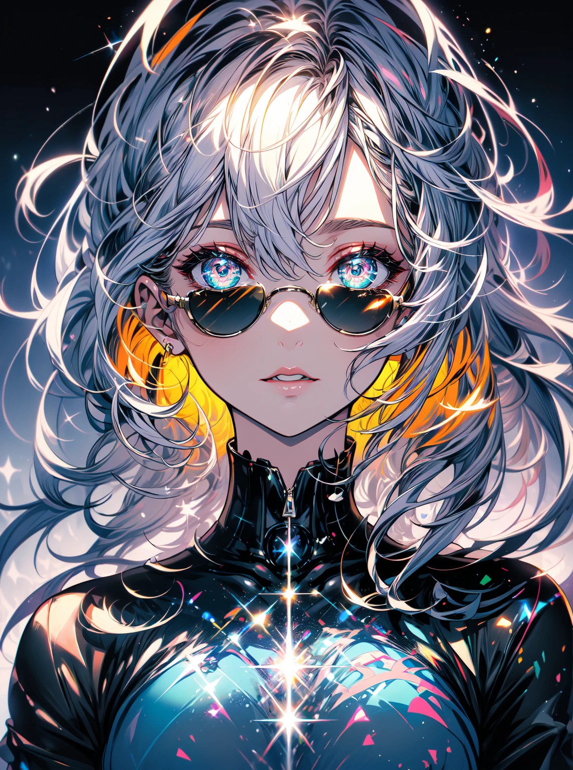 a black model,(best quality,4k,8k,highres,masterpiece:1.2),funky yellow sunglasses design,closeup,asymmetrical,unique futuristic design,vibrant colors,eye-catching,stylish,modern style,dynamic composition,detailed craftsmanship,high contrast,edgy,sleek,ultra-sharp focus,highlighting the sunglasses,expressive eyes,high-fashion,striking appearance,dark background,bold statement,futuristic concept,contrasting elements,contemporary aesthetics,shiny material,glamorous,reflections on the sunglasses,artistic lighting effects,modern fashion trend,attention-grabbing,photorealistic rendering