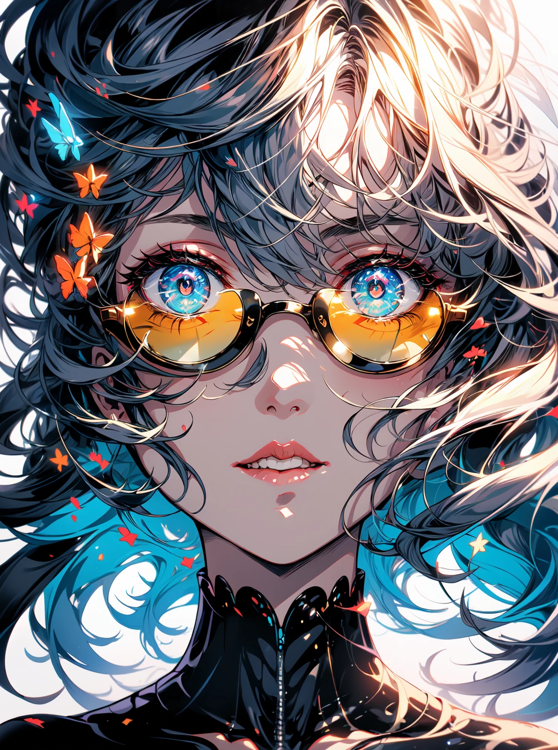 a black model,(best quality,4k,8k,highres,masterpiece:1.2),funky yellow sunglasses design,closeup,asymmetrical,unique futuristic design,vibrant colors,eye-catching,stylish,modern style,dynamic composition,detailed craftsmanship,high contrast,edgy,sleek,ultra-sharp focus,highlighting the sunglasses,expressive eyes,high-fashion,striking appearance,dark background,bold statement,futuristic concept,contrasting elements,contemporary aesthetics,shiny material,glamorous,reflections on the sunglasses,artistic lighting effects,modern fashion trend,attention-grabbing,photorealistic rendering