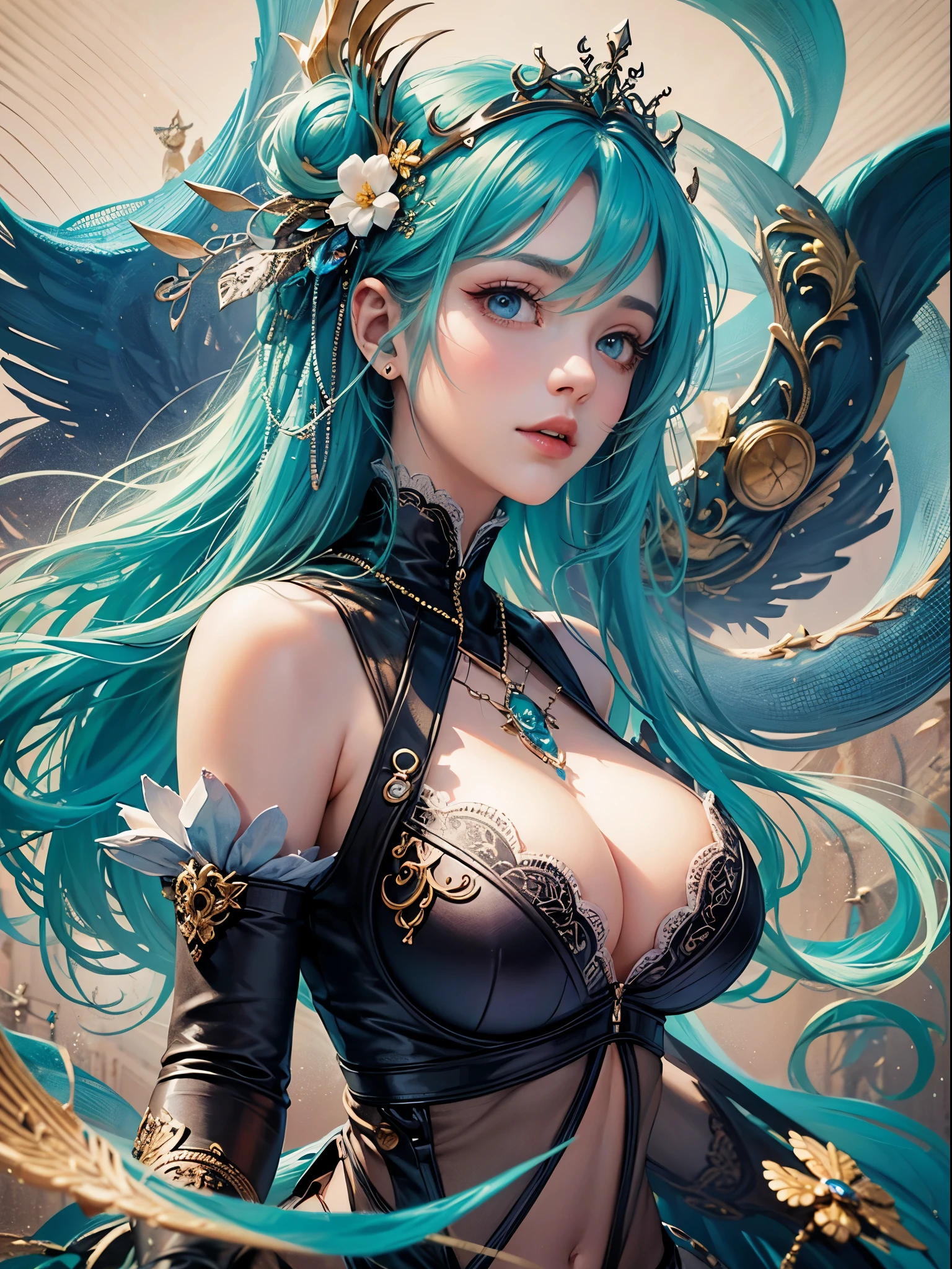 /offcial art, Unity 8k壁纸, Ultra-detailed, Beautiful and aesthetically pleasing, tmasterpiece, best qualityer, (zentangle, datura, clew, meshing), (s fractal art: 1.3), flower,Underage girls, 5,(Hairstyles: Long hair) Ocean, Extremely detailed, dynamic angle, Cowboy shot, The most beautiful forms of chaos, Fauvistdesign, vivd colour, romanticism lain, Seafoam, Buble, cute big breasts, --auto --s2