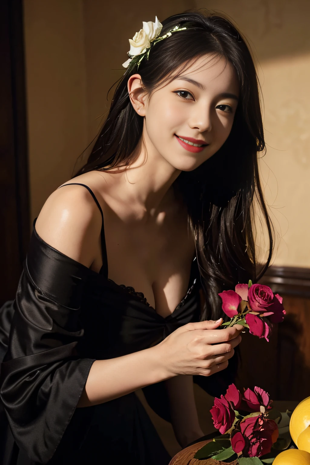 fruits,lemons,Grapes,Rose flower,Seduce you,,antique,A smile,,Sweet and seductive appearance.、Caravaggio's paintings、Chiaroscuro of Caravaggio,,Cute smile, Expression of ecstasy,erotick,A sexy