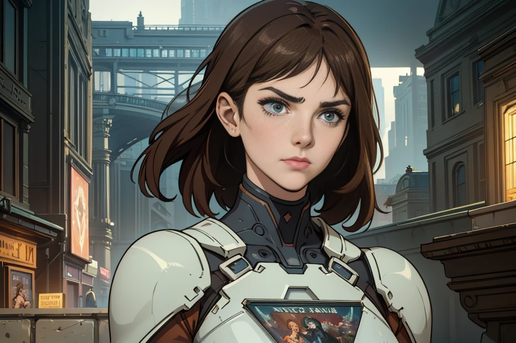 freckles on natural skin, situated in a sprawling metropolis backdrop, full body portrait, rendered in soft impressionist brushstrokes akin to an oil on canvas, intricate details mirroring the artistry of John William Waterhouse, Charlie Bowater, and Mucha, combining elements of science fiction with an ominous atmosphere as if designed for a matte painting movie poster