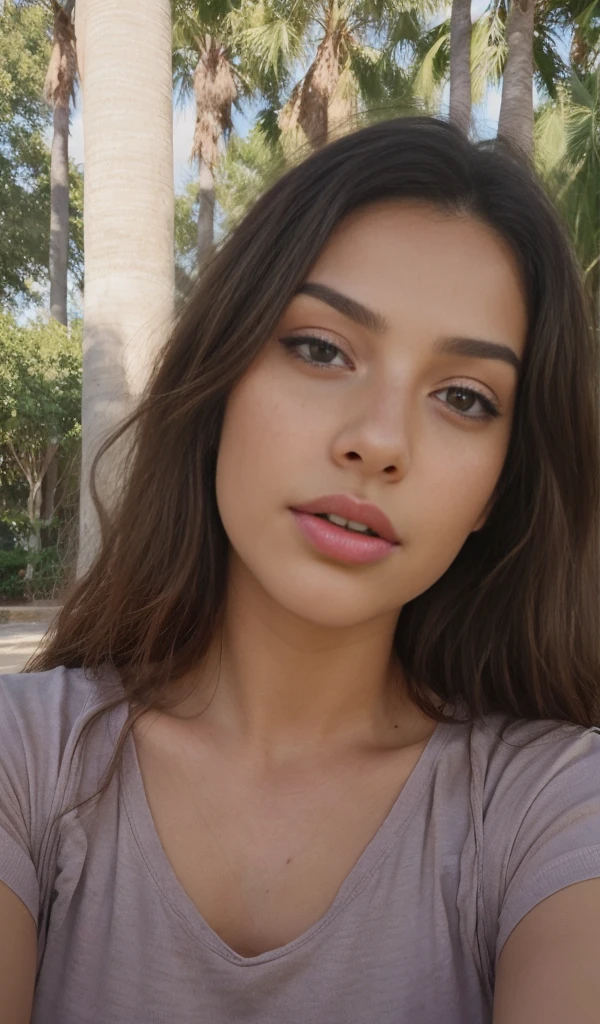 1 girl looking directly to camera, fun, in distance, very pretty, 23 years old, tanned, long curly hair, pink hair, dark brown eyes, fluffy eyebrows, lips, realistic, far away, hyper realistic, detailed skin, realistic eyes, best quality, masterpiece, ultra high res, (photorealistic:1.3), 8K, raw photo, 1girl, natural skin texture, wearing top in park, natural skin texture, dynamic pose,curvy body, bluse, t-shirt, selfie, kissing pose, open mouth, showing tongue, light freckles