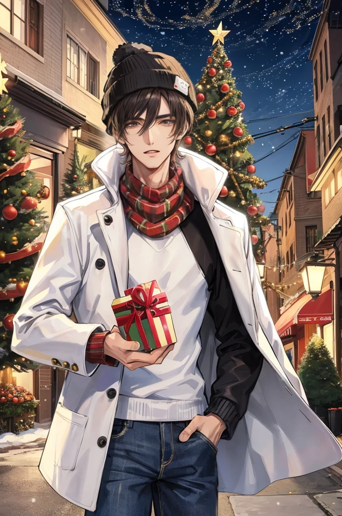 Anime handsome guy in white jacket near a christmas tree and lots of presents, black hair, Christmas lights, street, snowflakes, in light brown beanie, knitted things, in black jeans