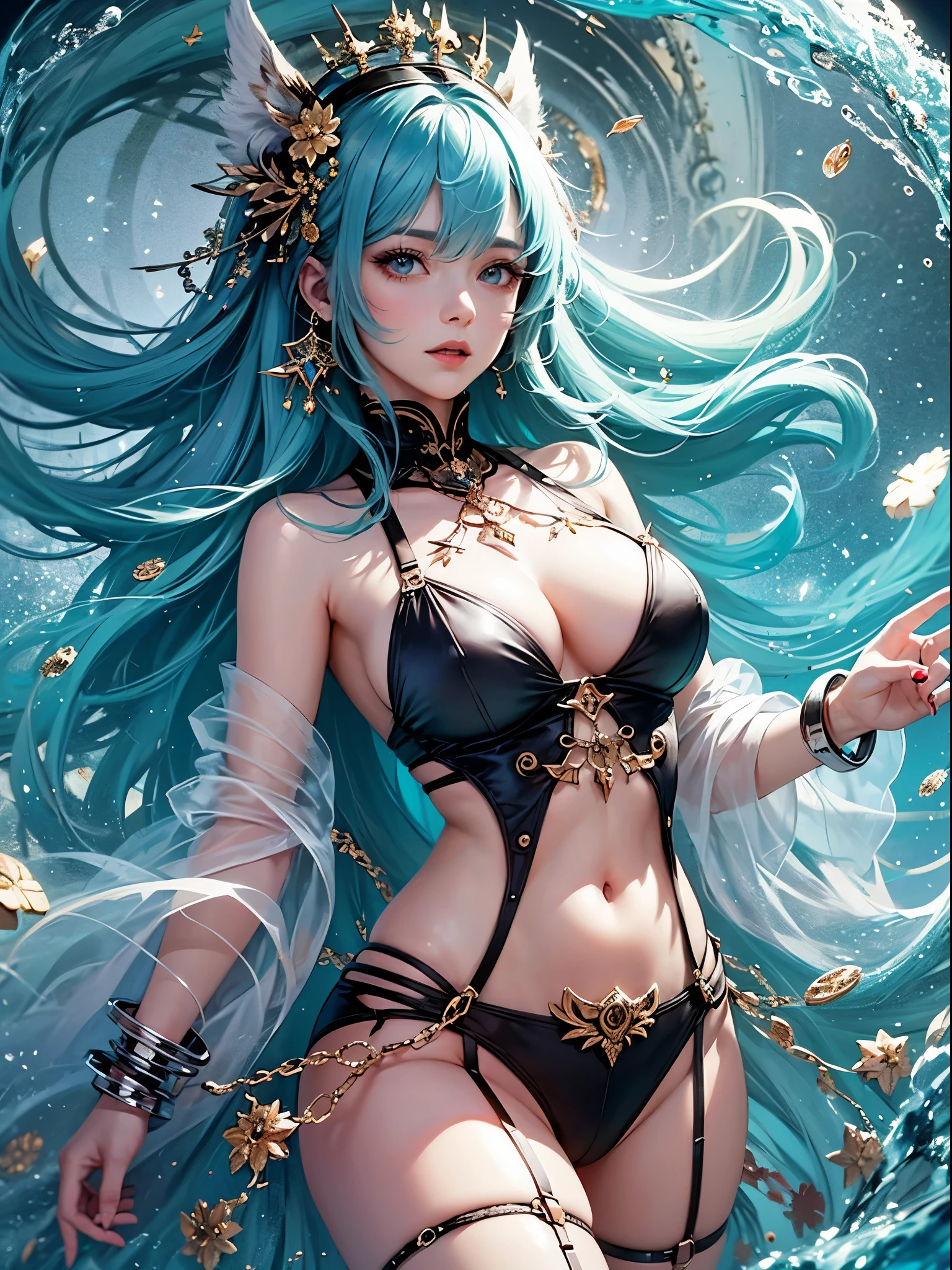 /offcial art, Unity 8k壁纸, Ultra-detailed, Beautiful and aesthetically pleasing, tmasterpiece, best qualityer, (s fractal art: 1.3), flower,Underage girls, 5,(Hairstyles: Long hair) Ocean, Extremely detailed, dynamic angle, Cowboy shot, The most beautiful forms of chaos, vivd colour, romanticism lain, Seafoam, Buble, cute big breasts, --auto --s2