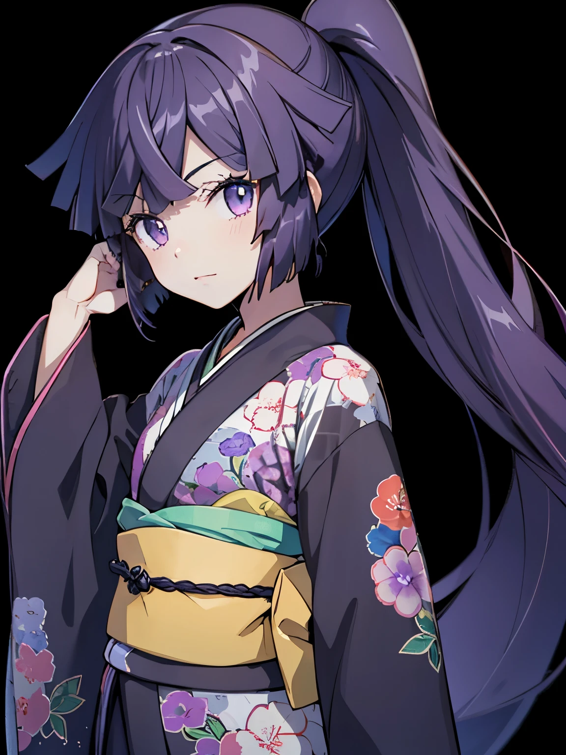 top-quality, [３D image:1.15]、[8k picture:1.15]、Akatsuki、Three-dimensional feeling, top-quality、(Purple hair close to black on black background、Shining eye Beautiful eyes shining in a ponytail、 [[Log Horizon:1.10]], kawaii系,Anime Girl, Akatsuki, Bow, ​masterpiece, top-quality, Hi-Res,Black-purple hair, 、Black kimono、Little Girl、kawaii,