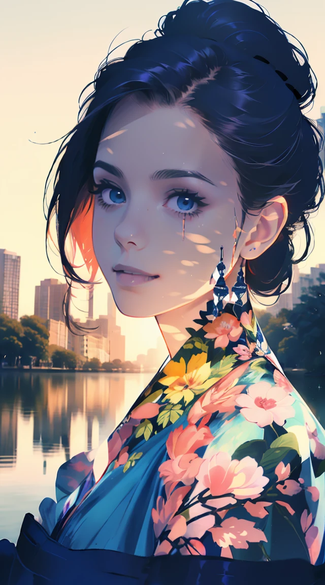 photoRealstic、((Super multiple exposure effect where the background can be seen through the clothes))、girl with、A smile、Lakeside in the background、Wonderful、towards the night view, If you leave the shutter open for a long time、create a line of light.