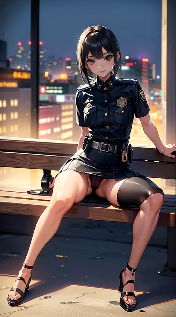 Innocent 20 year old girl、((Police Girl, sexy police uniform, Skirt, Cute and elegant, Dramatic poses)),Smile,night city background,short-cut、Raw photo, (8K、top-quality、​masterpiece:1.2)、(intricate detailes:1.4)、(Photorealsitic:1.4)、octane renderings、Complex 3D rendering ultra detail, Studio Soft Light, Rim Lights, vibrant detail, super detailing, realistic skin textures, Detail Face, Beautiful detail eyes, Very detailed CG Unity 16k wallpaper, make - up, (detailedbackground:1.2), shinny skin, Full body,Hands down、Spread your legs and show your panties,sit on a bench