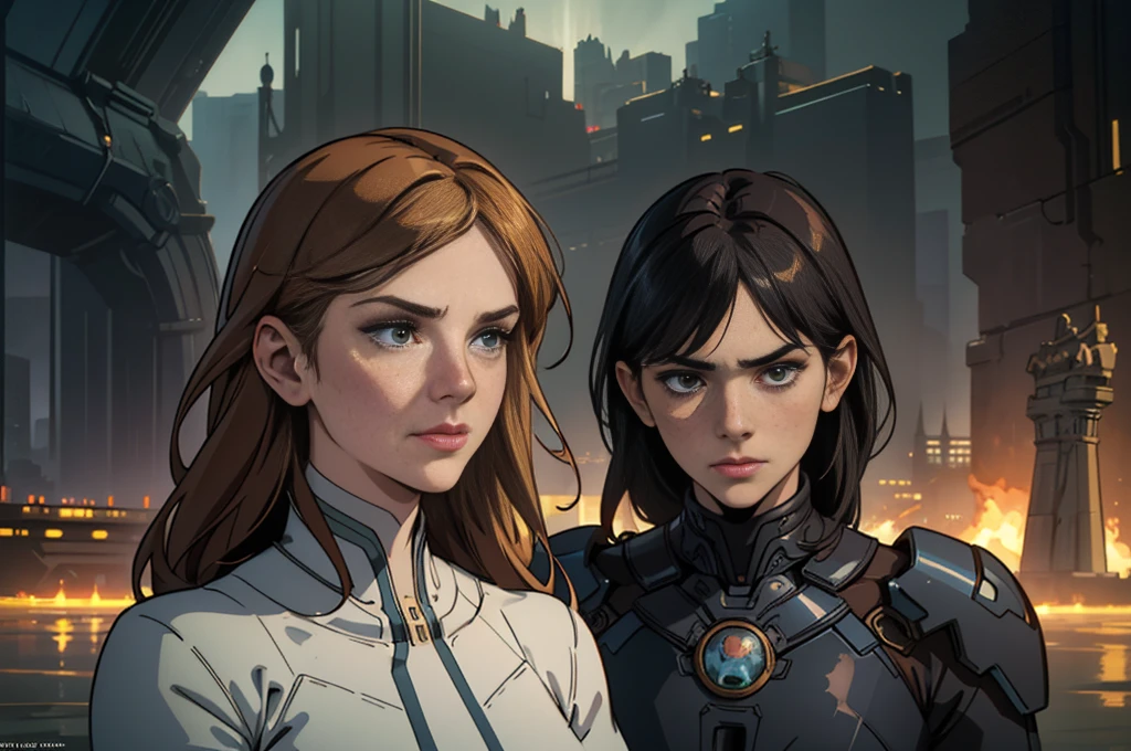 freckles on natural skin, situated in a sprawling metropolis backdrop, full body portrait, rendered in soft impressionist brushstrokes akin to an oil on canvas, intricate details mirroring the artistry of John William Waterhouse, Charlie Bowater, and Mucha, combining elements of science fiction with an ominous atmosphere as if designed for a matte painting movie poster