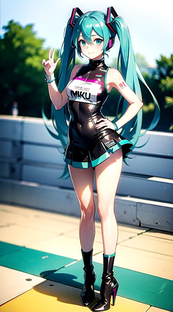 ((Tabletop, Highest quality, High resolution, Hmph, Pixel perfect, Depth of written boundary, 4K, )), One Girl, alone, , Beautiful Anime, Beautiful art style, close, View your viewers, Perfect body, Hatsune Miku・VOCALOID, Light blue hair, (Large Breasts), belly button, Blush all over face, smile, Thighs Thighs Thighs Thighs, ((Race Queen)), mini skirt, High leg, White Background, Take the lead, Raise the checkered flag, Cowboy Shot, concentrated,