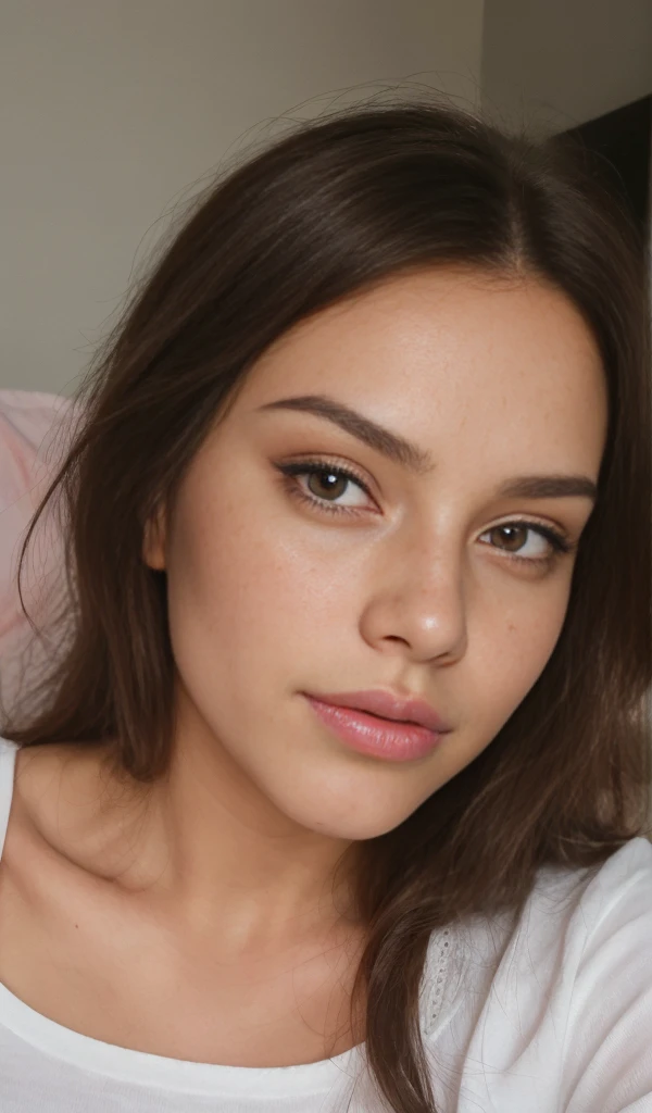 1 girl looking directly to camera, fun, in distance, very pretty, 23 years old, tanned, long curly hair, pink hair, dark brown eyes, fluffy eyebrows, lips, realistic, far away, hyper realistic, detailed skin, realistic eyes, best quality, masterpiece, ultra high res, (photorealistic:1.3), 8K, raw photo, 1girl, natural skin texture, wearing top in bed, close eyes, sleeping, natural skin texture, dynamic pose,curvy body, bluse, t-shirt, selfie, kissing pose, open mouth, showing tongue, light freckles