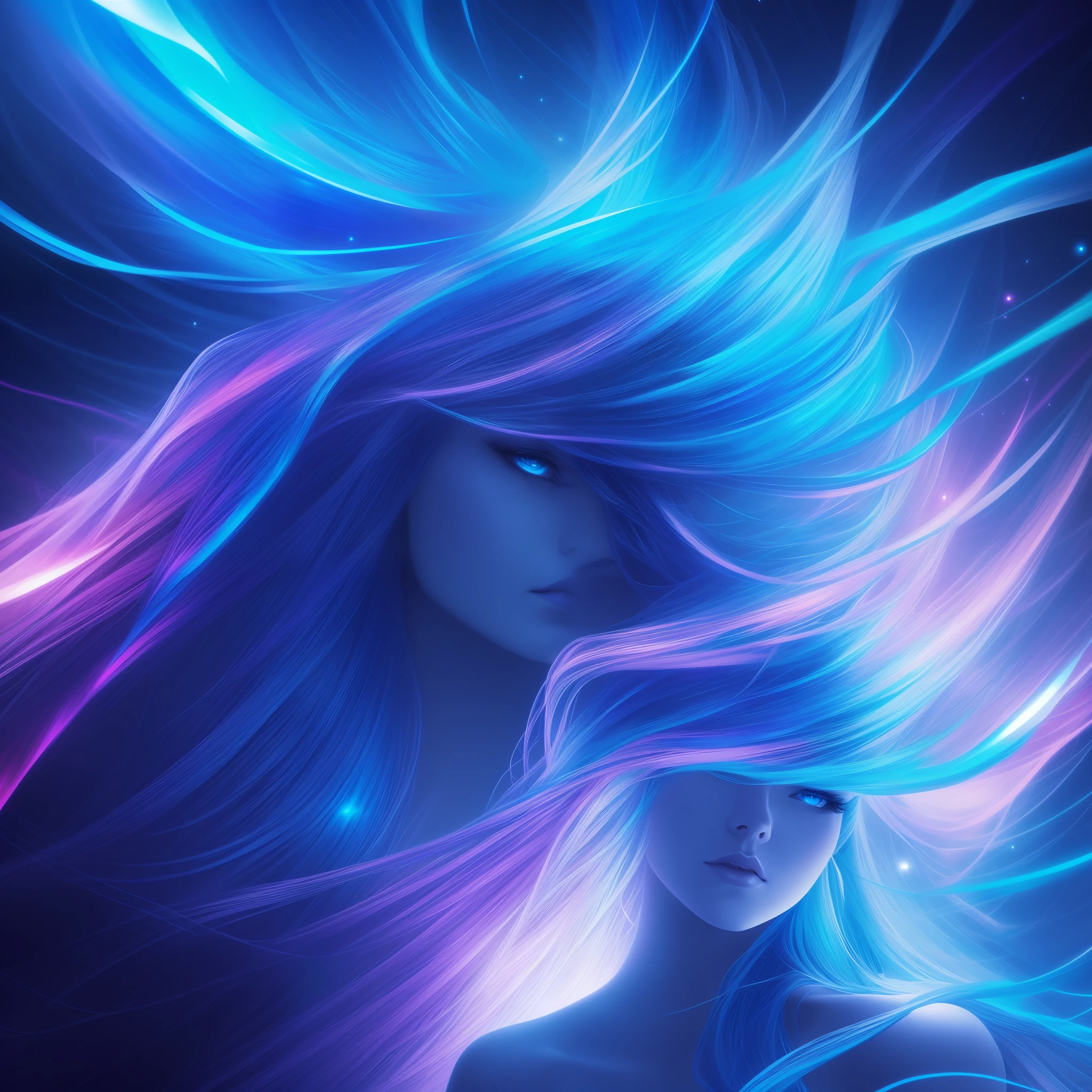 Stunning woman with vibrant blue neon hair made of light, long flowing hair, glowing in the midst of galaxy formations in dark space, beautiful woman, hourglass figure, mesmerizing blue eyes, facing viewer, looking at viewer, dark fantasy, detailed and realistic textures, vibrant colors, surreal and mysterious, hyperrealistic, modern art, digital painting, trending in Artstation, cinematic lighting, and dynamic composition, best quality