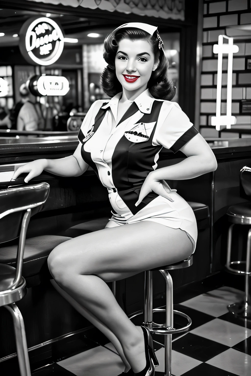 Impressive wartime pin-up girl images, Dressed in retro costumes, Pose gracefully in a nostalgic 1940s bar. Black and white images add a vintage feel to the scene, Capture the essence of the era's iconic pin-up art and vintage aesthetics.