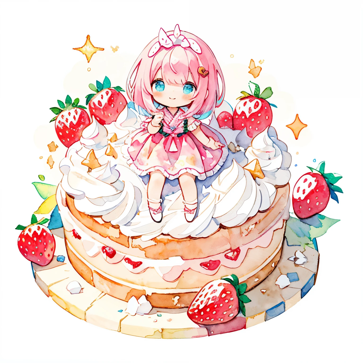 pastel color: 1.5), (Cute illustration: 1.5), (watercolor paiting: 1.2), yellow lean background, girl, Full body, Smile, Looking away, pale white, Moya, marble, Colorful, jello, sweets, girl in ケーキ、Cake Girl、strawberry hair ornament on head、Strawberry shortcake、Cute dress、White and pink costume、kirakira、The best smile、It looks delicious、cream-colored