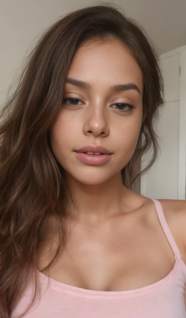 1 girl looking directly to camera, fun, in distance, very pretty, 23 years old, tanned, long curly hair, pink hair, dark brown eyes, fluffy eyebrows, lips, realistic, far away, hyper realistic, detailed skin, realistic eyes, best quality, masterpiece, ultra high res, (photorealistic:1.3), 8K, raw photo, 1girl, natural skin texture, wearing top in bed, close eyes, sleeping, natural skin texture, dynamic pose,curvy body, bluse, t-shirt, selfie, kissing pose, open mouth, showing tongue, light freckles