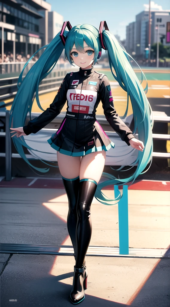 Nsfw, Masterpiece, 8k, art style by sciamano240, very detailed face, detailed clothes, detailed fabric, 1girl 1 man, beautiful face, asymmetrical long hair, light blue hair, race queen outfit, black Dior thigh boots , tight mini skirt , very detailed blue cat eyes, posing , open mouth smile, sunny race track setting, full body view, sultry expression,
