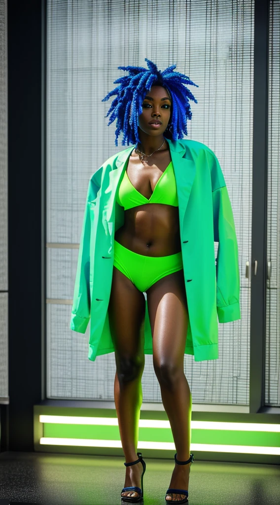 8k, RAW photo, best quality, ultra high resolution, (photorealistic), realistic photo of skinny ebony girl pole dancer, (skinny ebony girl, 20 years old, most beautiful ebony girl in the world, slim face, black hair, dreadlocks, dreadlocks hair), in the strip club, (strip club), bright neon lights, (full body picture),(photo from the side), sexy pose, wearing neon green bikini, (neon green bikini), wearing neon green stockings, (neon green stockings), (looking at viewer), (smirking), (extremely detailed CG unity 8k wallpaper), Sharp focus, (bright light)