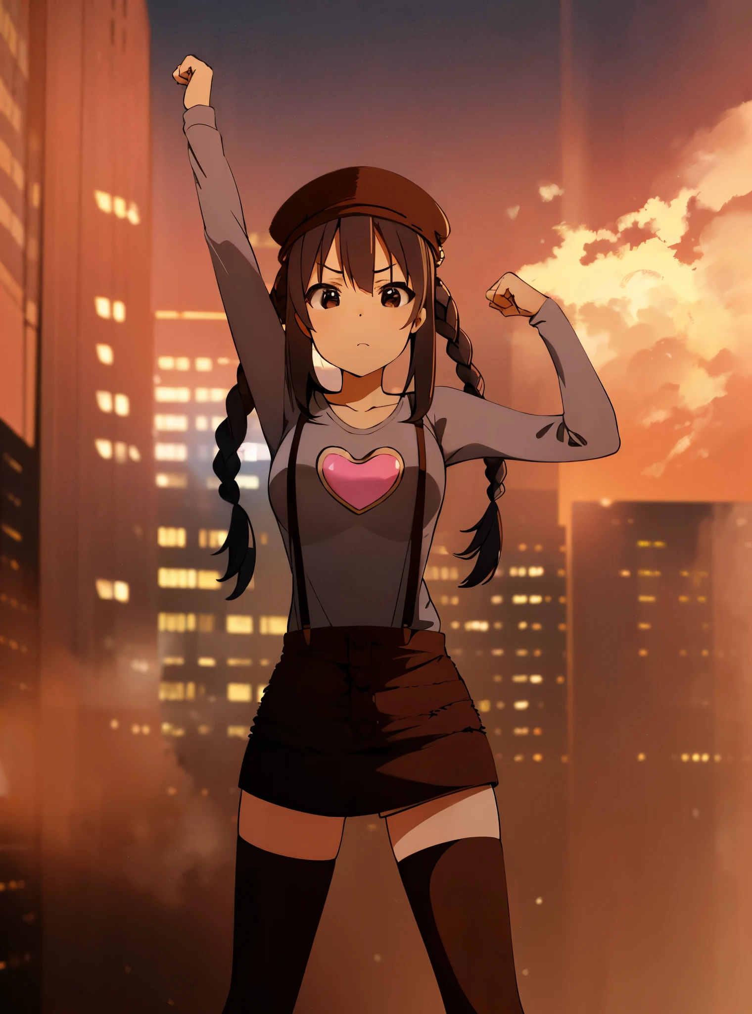 1girl, (((masterpiece))), top-quality, top-quality, high détails, nakano azusa, 1girl, Twin-tailed, length hair, A dark-haired, brown-eyed, Gray T-shirt.suspenders.a black skirt.illustratio, comic strip, soothing tones, Subdued Color, Soft cinematic light, adobe lightroom, photolab, HDR, intricately and hyper-detailed、(((depth of fields))))。(((masterpiece)))。(((top-quality))).)((ultra-detailliert)))。(((illustratio)))。(((takeout))).dynamic focus.big breasts.(((Skyscrapers))).(((A city scape))).(((serious))). closed mouth.(((raising one arm))).(((up chest))).((evening glow)).((the setting sun)).(((Heart on chest))).Feathered hat.Bend your elbows.Clench your fists