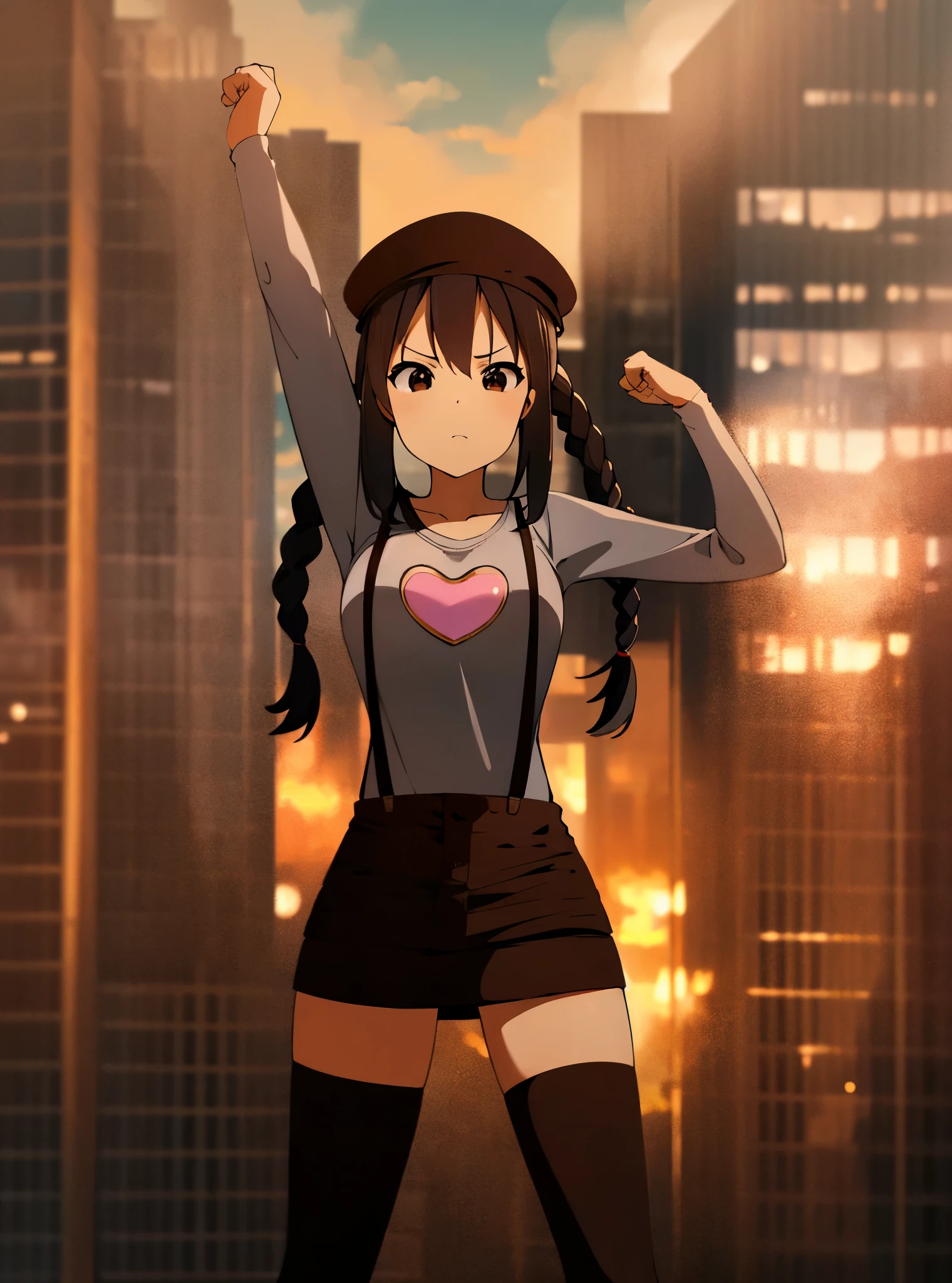 1girl, (((masterpiece))), top-quality, top-quality, high détails, nakano azusa, 1girl, Twin-tailed, length hair, A dark-haired, brown-eyed, Gray T-shirt.suspenders.a black skirt.illustratio, comic strip, soothing tones, Subdued Color, Soft cinematic light, adobe lightroom, photolab, HDR, intricately and hyper-detailed、(((depth of fields))))。(((masterpiece)))。(((top-quality))).)((ultra-detailliert)))。(((illustratio)))。(((takeout))).dynamic focus.big breasts.(((Skyscrapers))).(((A city scape))).(((serious))). closed mouth.(((raising one arm))).(((up chest))).((evening glow)).((the setting sun)).(((Heart on chest))).Feathered hat.Bend your elbows.Clench your fists