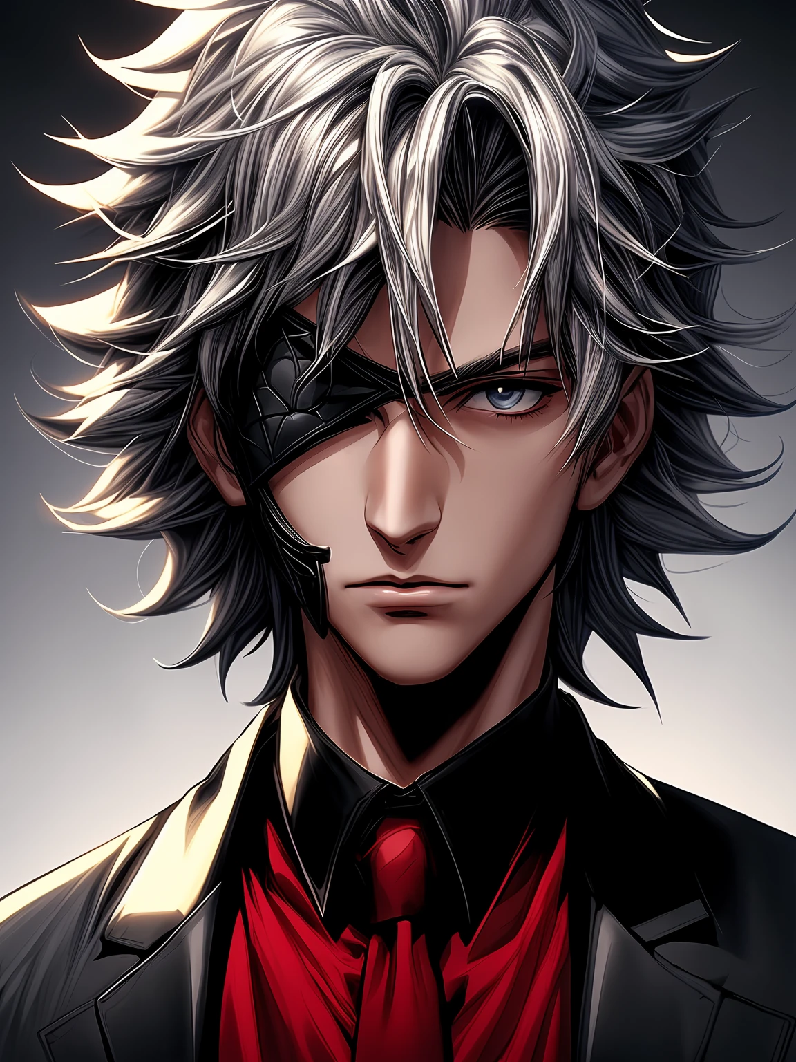 a close up of a person wearing a mask and a black jacket, quicksilver, son of sparda, nagito komaeda, he wears an eyepatch, best anime 4k konachan wallpaper, trigger anime artstyle, avatar image, ken kaneki, high quality fanart, key anime art, portrait of thancred, marvelous expression, 4 k manga wallpaper
