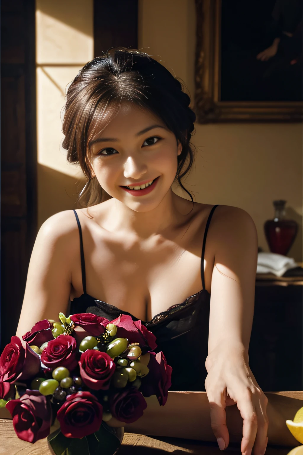 fruits,lemons,Grapes,Rose flower,Seduce you,,antique,A smile,,Sweet and seductive appearance.、Caravaggio's paintings、Chiaroscuro of Caravaggio,,Cute smile, Expression of ecstasy,erotick,A sexy