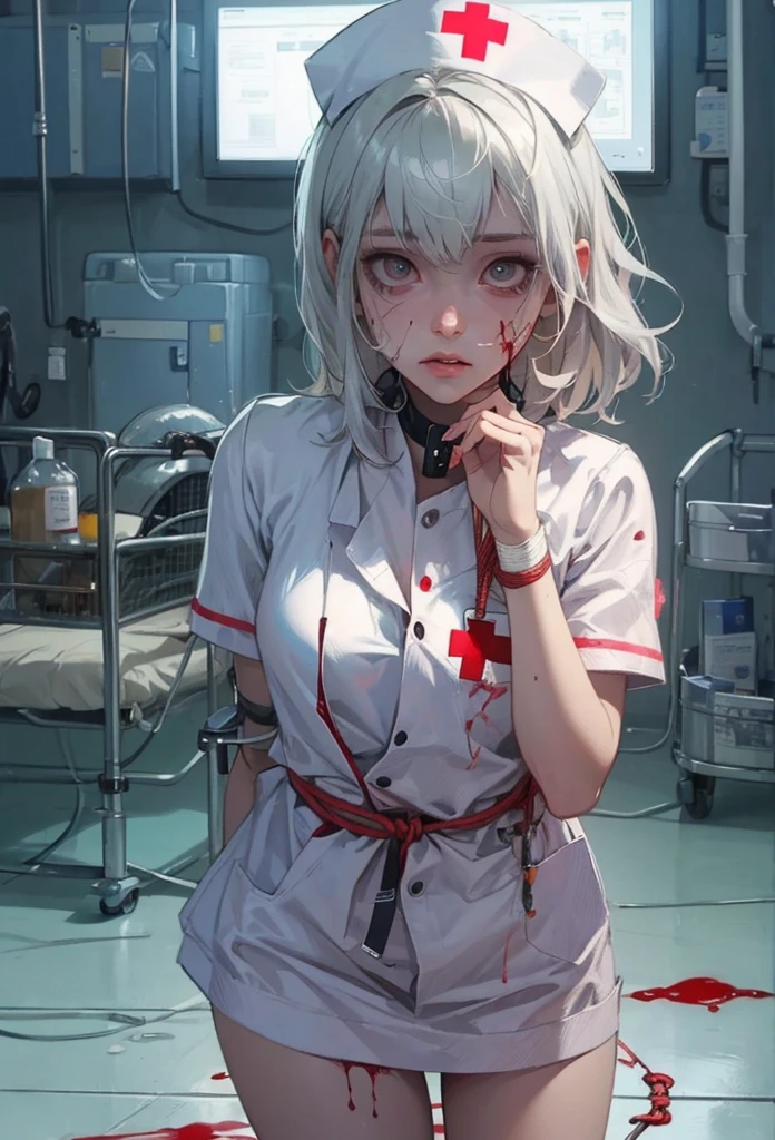(Detailed illustrations,Very detailed and detailed drawing,Delicate lines with slow and rapid,Realistic texture expression),[Color tressed main line],Inorganic concrete room[Night Hospital],(Japan adult female[28 year old](Zombie Nurse))Hair put together [SKINNY((Small breasts))][pale skin](sickly look),([bandaged]Bondage Fashion),[[Return blood]],(Fine and beautiful skin expression [Transparency]),[完璧な目のdetaileds (Iris beautifully drawn in every detail)[Jewel-like eyes]],[long and beautiful eyelashes],[Meticulously drawn hair],(完璧な手のdetaileds [Beautiful fingers without breakdowns [Beautiful nails]]),(Perfect Anatomy(Perfectly proportioned))[[Full body like]],[Ideal color coordination(Accurate simulation of light-material interactions)],([Precision Detail](detaileds,high-detail)),[[Pale and gentle colors]][Visual art that conveys a sense of narrative] [[Eros in the Natural Body]].