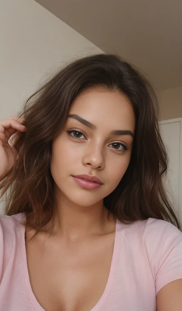 1 girl looking directly to camera,  fun, in distance, very pretty, 23 years old, tanned, long curly hair, pink hair, dark brown eyes, fluffy eyebrows, lips, realistic, far away, hyper realistic, detailed skin, realistic eyes, best quality, masterpiece, ultra high res, (photorealistic:1.3), 8K, raw photo, 1girl, natural skin texture, wearing top in bed, close eyes, sleeping, natural skin texture, dynamic pose,curvy body, bluse, t-shirt,  selfie, kissing pose, open mouth,  showing tongue, light freckles