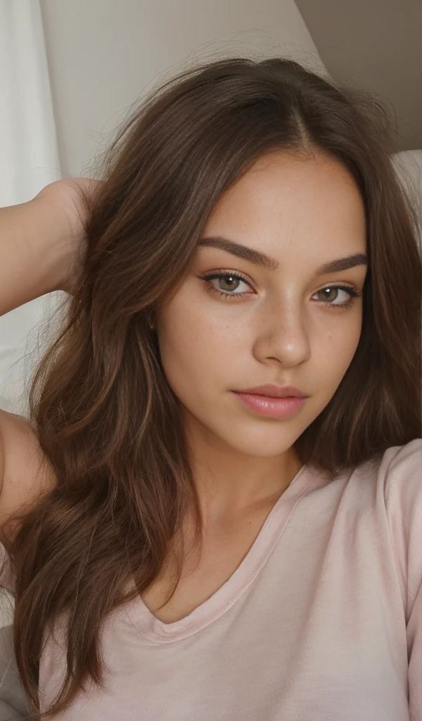 1 girl looking directly to camera,  fun, in distance, very pretty, 23 years old, tanned, long curly hair, pink hair, dark brown eyes, fluffy eyebrows, lips, realistic, far away, hyper realistic, detailed skin, realistic eyes, best quality, masterpiece, ultra high res, (photorealistic:1.3), 8K, raw photo, 1girl, natural skin texture, wearing top in bed, close eyes, sleeping, natural skin texture, dynamic pose,curvy body, bluse, t-shirt,  selfie, kissing pose, open mouth,  showing tongue, light freckles