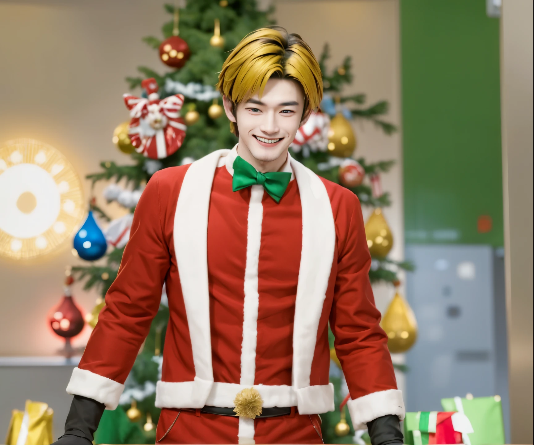 a close up of a Japanese boy in a santa suit standing in front of a christmas tree, wearing red and white, yellow hair and blue eyes ,pointed nose, perfect jaw with smile, realistic ultra details, high quality face