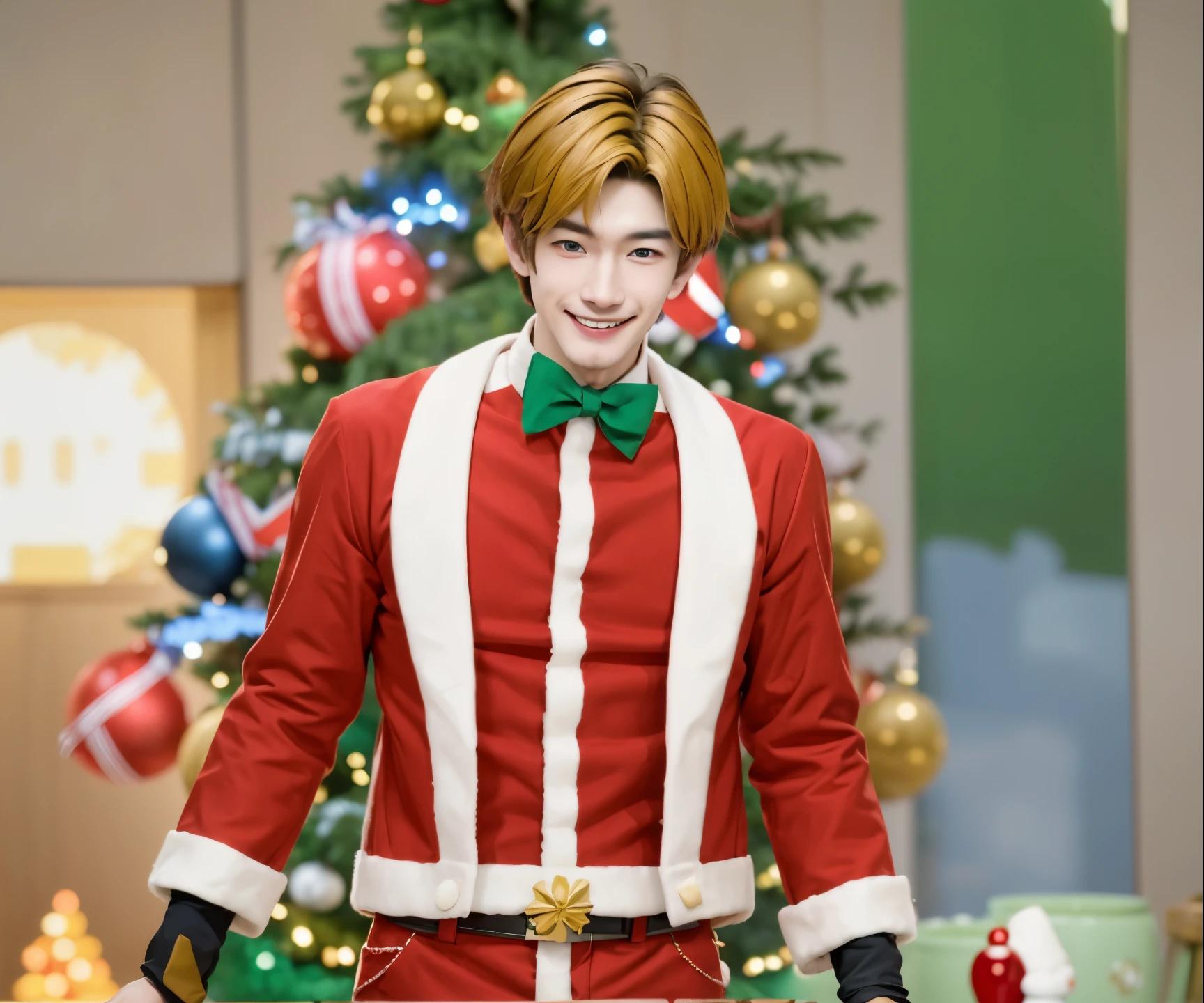a close up of a Japanese boy in a santa suit standing in front of a christmas tree, wearing red and white, yellow hair and blue eyes ,pointed nose, perfect jaw with smile, realistic ultra details, high quality face