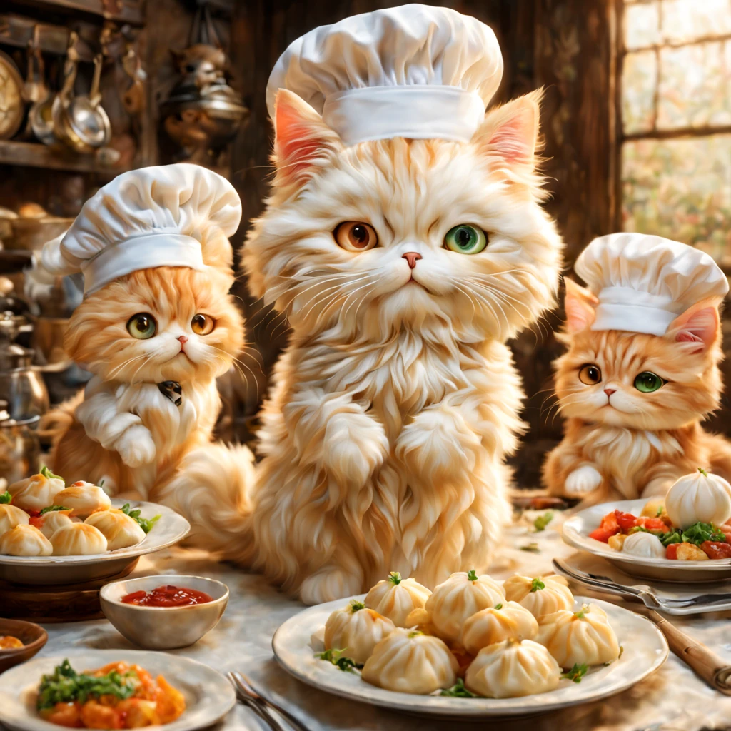 (minuet、In the middle of the meal、Dumplings、chef'charm of、chef's Hat,),,cute little,masterpiece,top-quality,Fluffy cat,,A delightful,tre anatomically correct,,Fantasia,Cats,minuet,odd eye