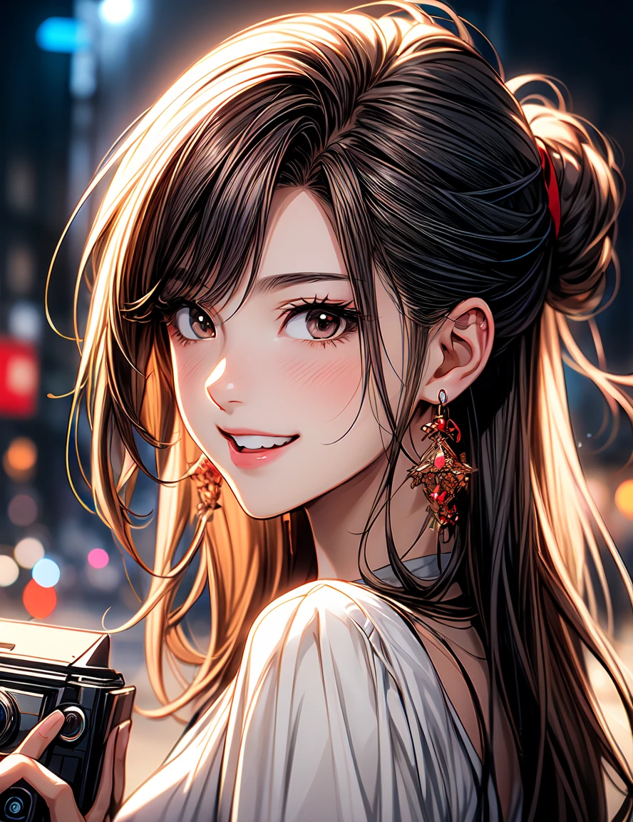 anime girl with camera and earrings holding a camera, beautiful anime portrait, stunning anime face portrait, happy,  laughing, detailed portrait of anime girl, ig model | artgerm, portrait anime girl, detailed digital anime art, extremely detailed artgerm, 8k artgerm bokeh, artgerm. anime illustration, realistic anime artstyle