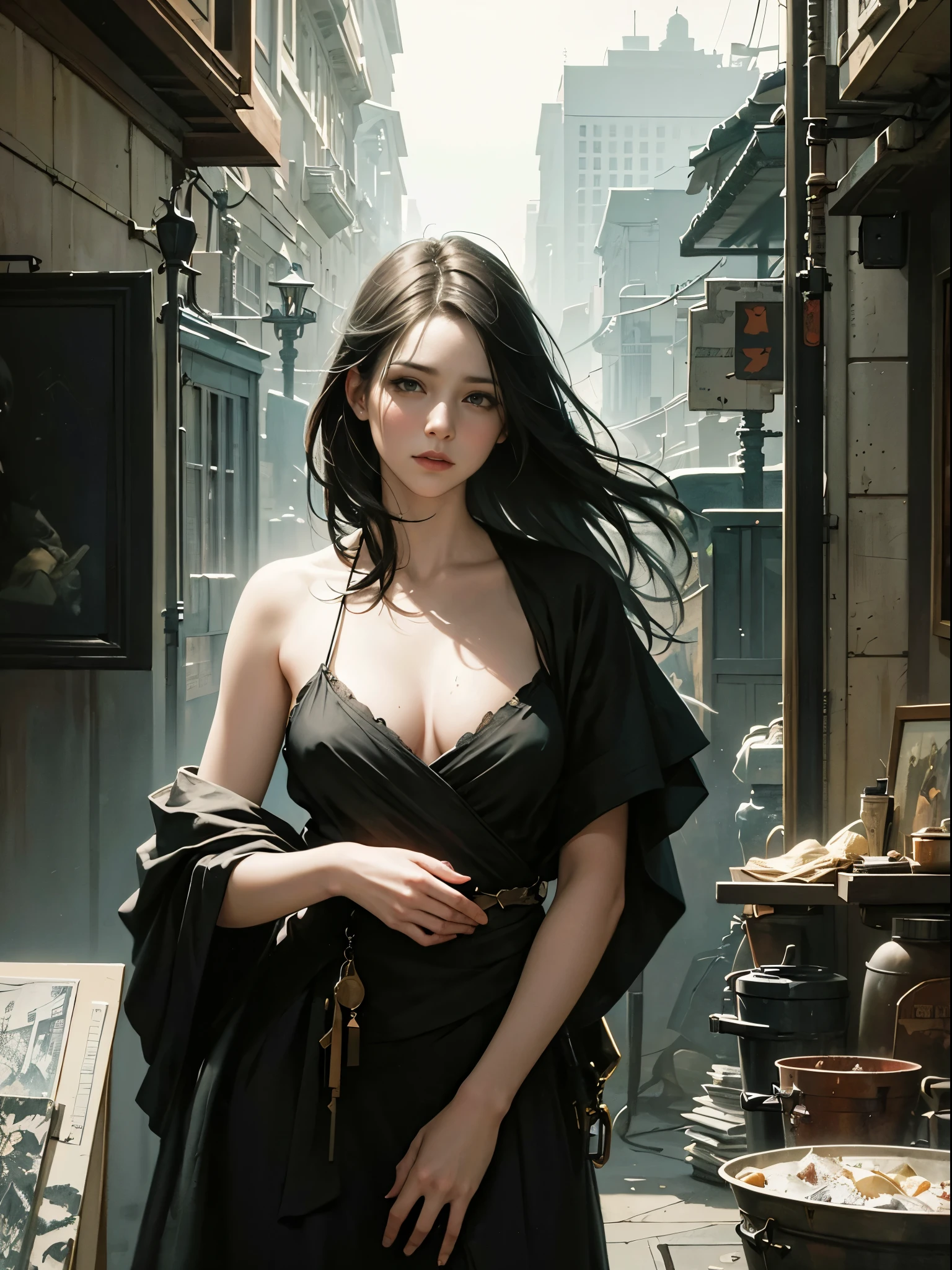 painting of a woman, with influence of Jeremy Mann, Jeremy Mann, style of Jeremy Mann, Jeremy Mann painting, Jeremy Mann art, Ron Hicks, Liepke, Jeremy Mann and alphonse mucha, Works that influenced Edmund Blampid, robert lenkiewicz, Casey Boe and James Jean, Inspired by Willem Kalf, Nick Alm, Tumbler, figurative art, Intense watercolor painting, watercolor detailed art,expressive beautiful painting, a beautiful artwork illustration, very colorful tones, Fantastical, Cool Beauty, Best Quality,Official art, Female Solo, sharp outline, a gloomy, nostalgia, Eyes without pupils, color eye, In search of lost time, Best Quality, Perfect Angle, perfect-composition, Best Shots, Official art, ciinematic light,
