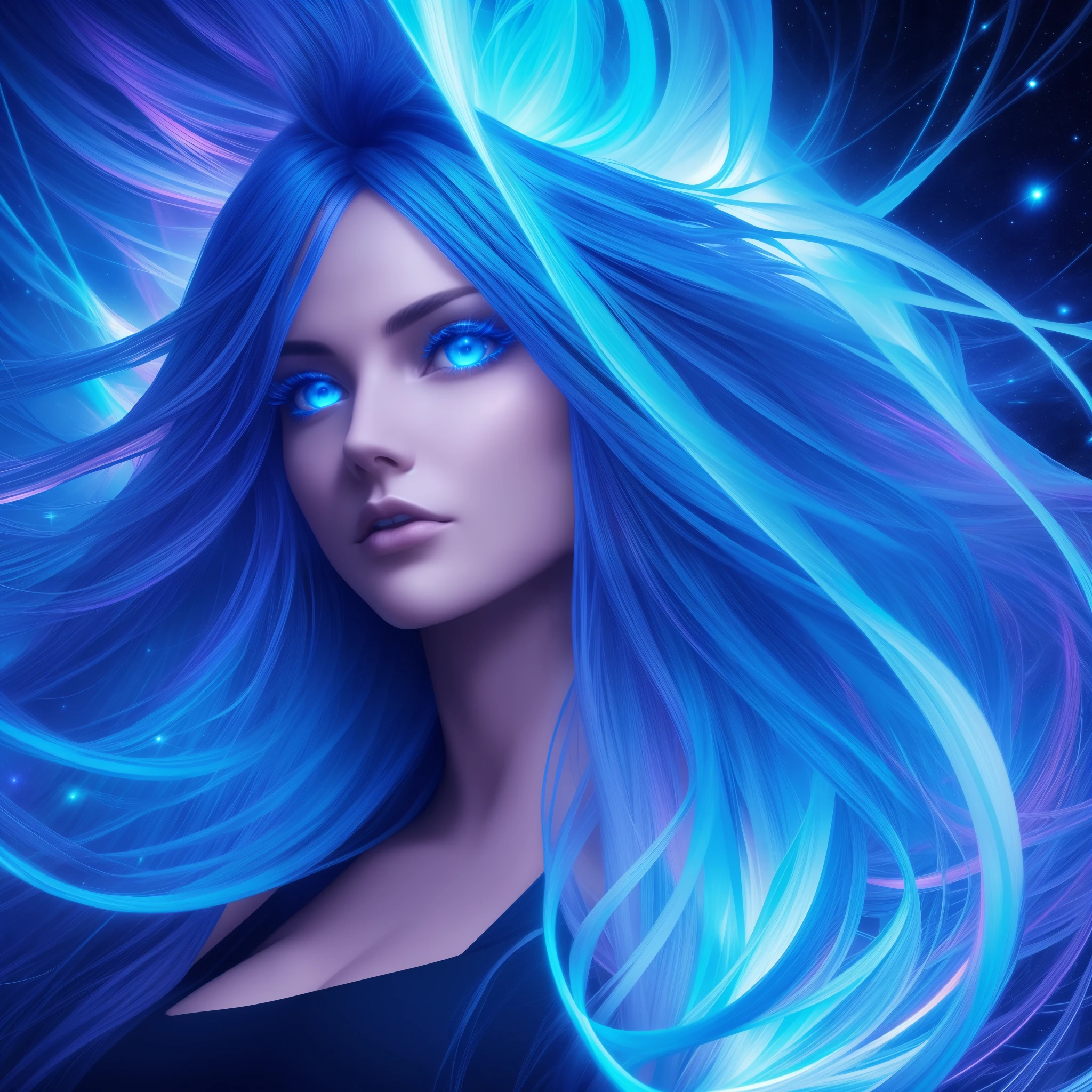 Stunning woman with vibrant blue neon hair made of light, long flowing hair, glowing in the midst of galaxy formations in dark space, beautiful woman, hourglass figure, mesmerizing blue eyes, facing viewer, looking at viewer, dark fantasy, detailed and realistic textures, vibrant colors, surreal and mysterious, hyperrealistic, modern art, digital painting, trending in Artstation, cinematic lighting, and dynamic composition, best quality