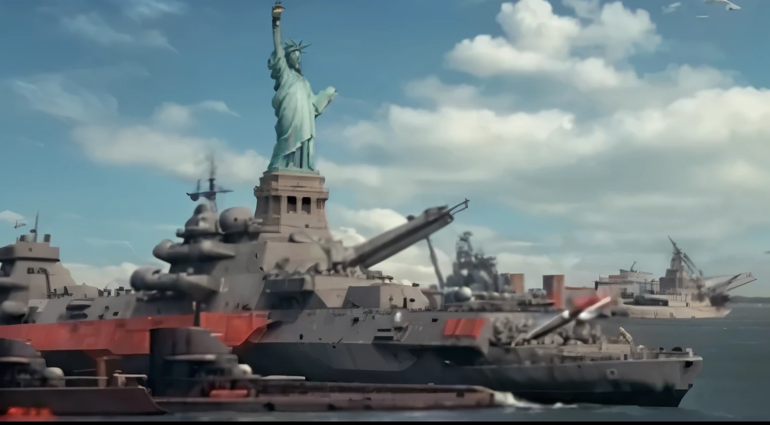 Araffed ships in the water with the Statue of Liberty in the background, sci - fi scene future new york, New York in the future, Flying ships in the background, New York Harbor, New York in 2100, last exile, Destruction of New York, Dieselpunk City, Aircraft carrier scene, battleship, CGI Art, last exile anime
