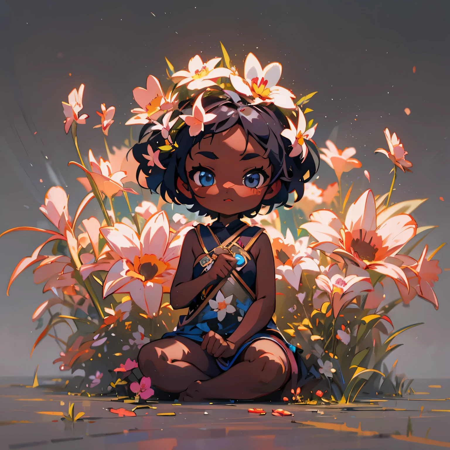 Little cute flower elemental, (dark skin), solo,  concept art, fantasy art, matte in the style of alena aenami,by yanjun cheng, sunny, hyperrealism, cinema 4d, beautiful, mysterious, ethereal, high resolution, kawaii style, full upper body