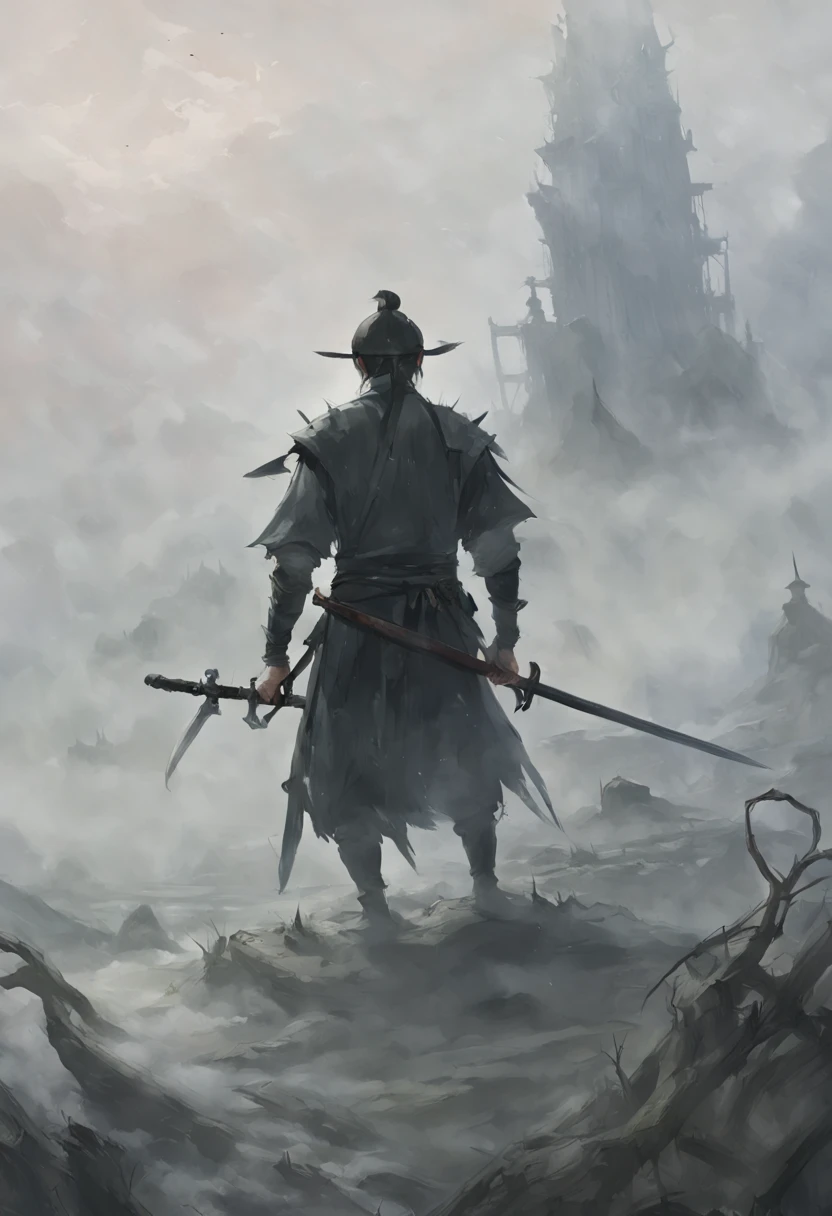 Draw a man holding a sword，In the mist-shrouded landscape, inspired by somi, author：Hero, author：Shen Zhou, concept art illustration, traditional japanese concept art, inspired by Feng Zhu, Illustration concept art, Inspired by Shen Zhou, Inspired by Zhang Sengyao, author：Lee Jae, author：Sun Kehong, A beautiful artistic illustration, dramatic concept art