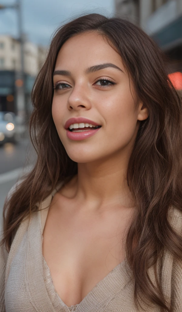 1 girl looking directly to camera, fun, in distance, very pretty, 23 years old, tanned, long curly hair, pink hair, dark brown eyes, fluffy eyebrows, lips, realistic, far away, hyper realistic, detailed skin, realistic eyes, best quality, masterpiece, ultra high res, (photorealistic:1.3), 8K, raw photo, 1girl, natural skin texture, wearing shall and warm clothes in street, close eyes, laughing, natural skin texture, dynamic pose,curvy body, selfie, kissing pose, open mouth, showing tongue, light freckles