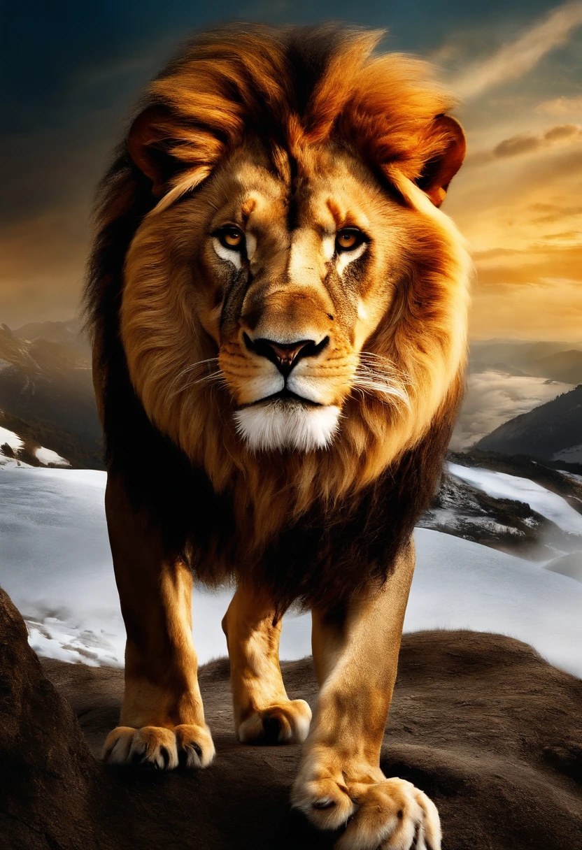 "Imaginez un majestueux lion, doté d'ailes d'anges blanches déployées, évoquant une aura fantastique et divine. Immergez ce lion ailé dans un décor somptueux de montagnes, baigné par la lumière épique du film '300'. Créez une scène saisissante où la puissance du lion, la grâce des ailes et l'atmosphère montagneuse se fusionnent pour former une image captivante et pleine de mystère. Laissez libre cours à votre créativité pour donner vie à ce lion ailé d'une manière aussi extraordinaire que magnifique."